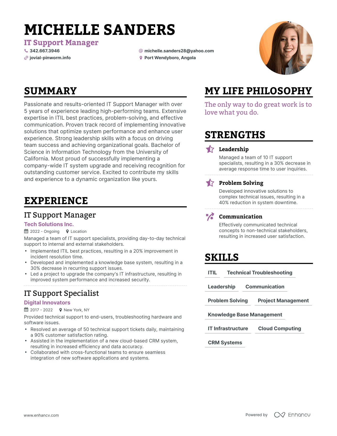 Modern IT Support Manager Resume Example