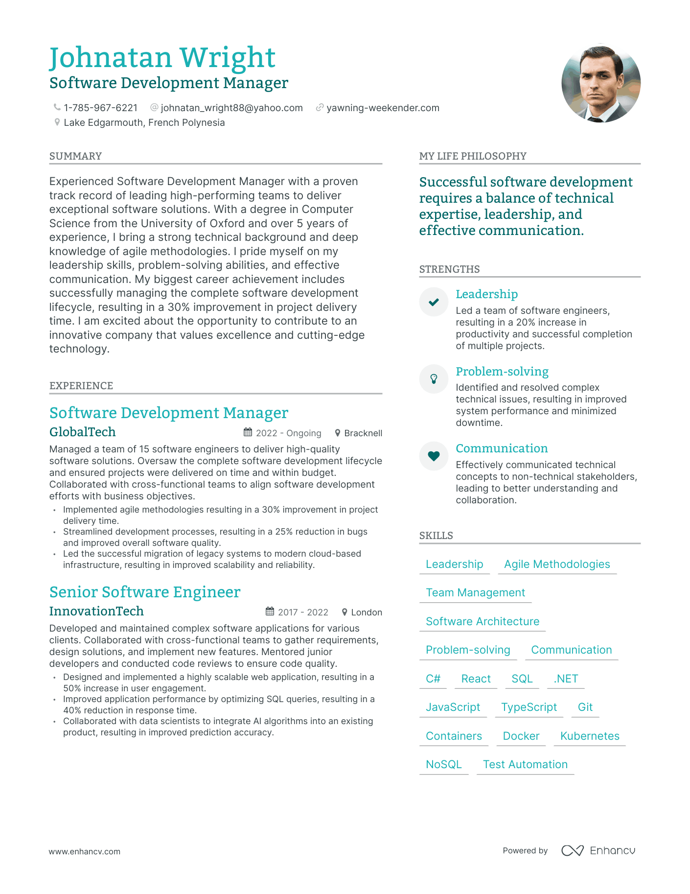 Software Development Manager resume example