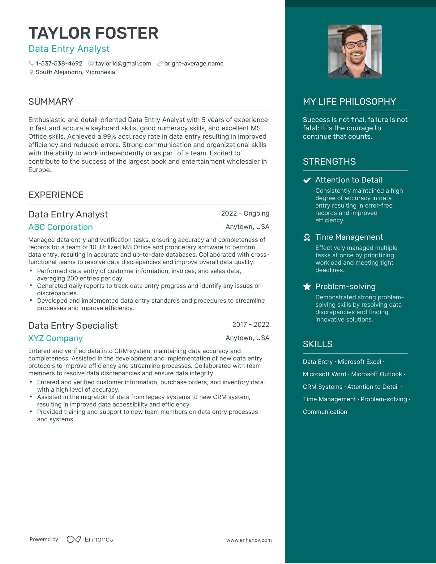 Data Entry Analyst resume example