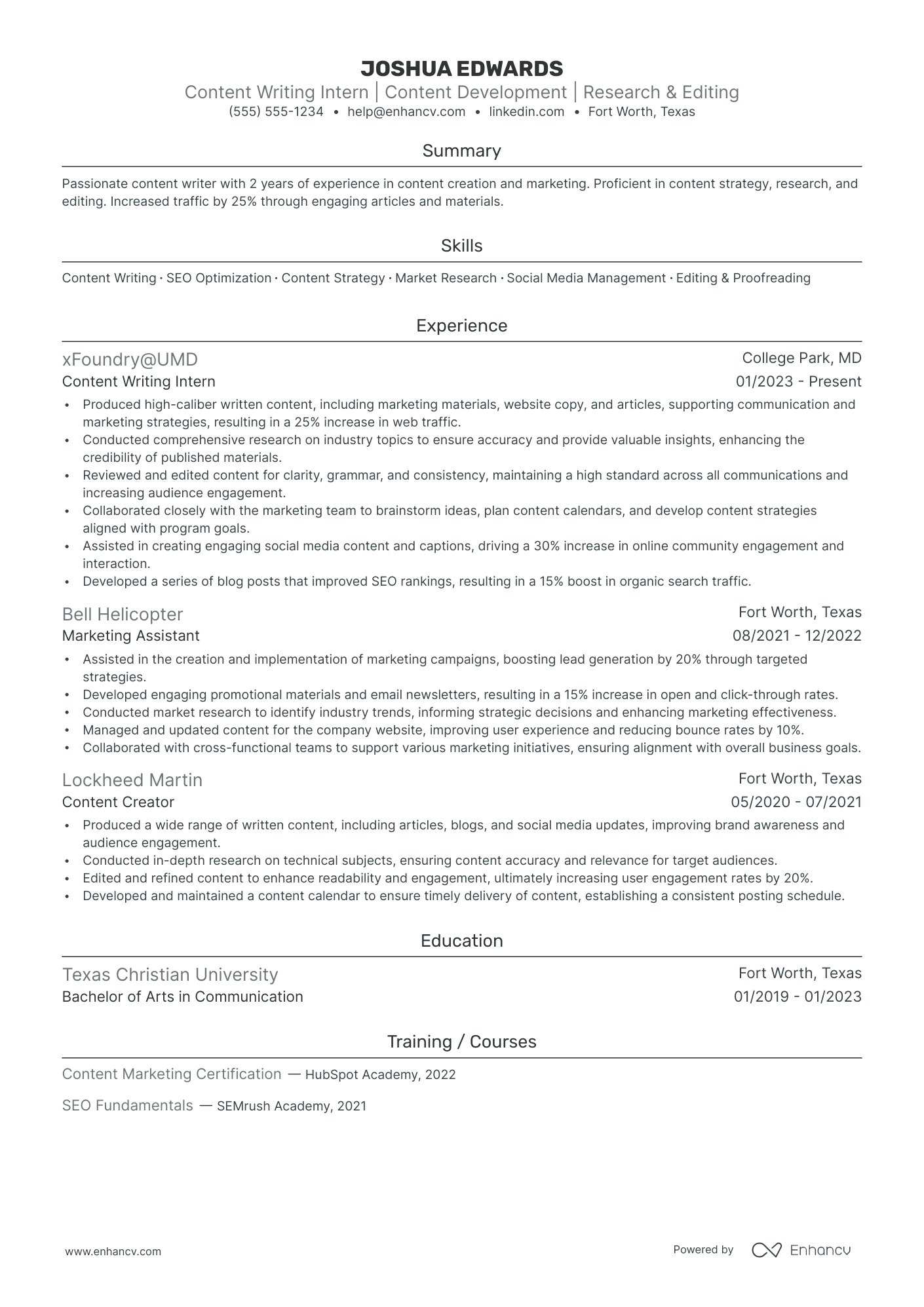 Content Writer Intern resume example