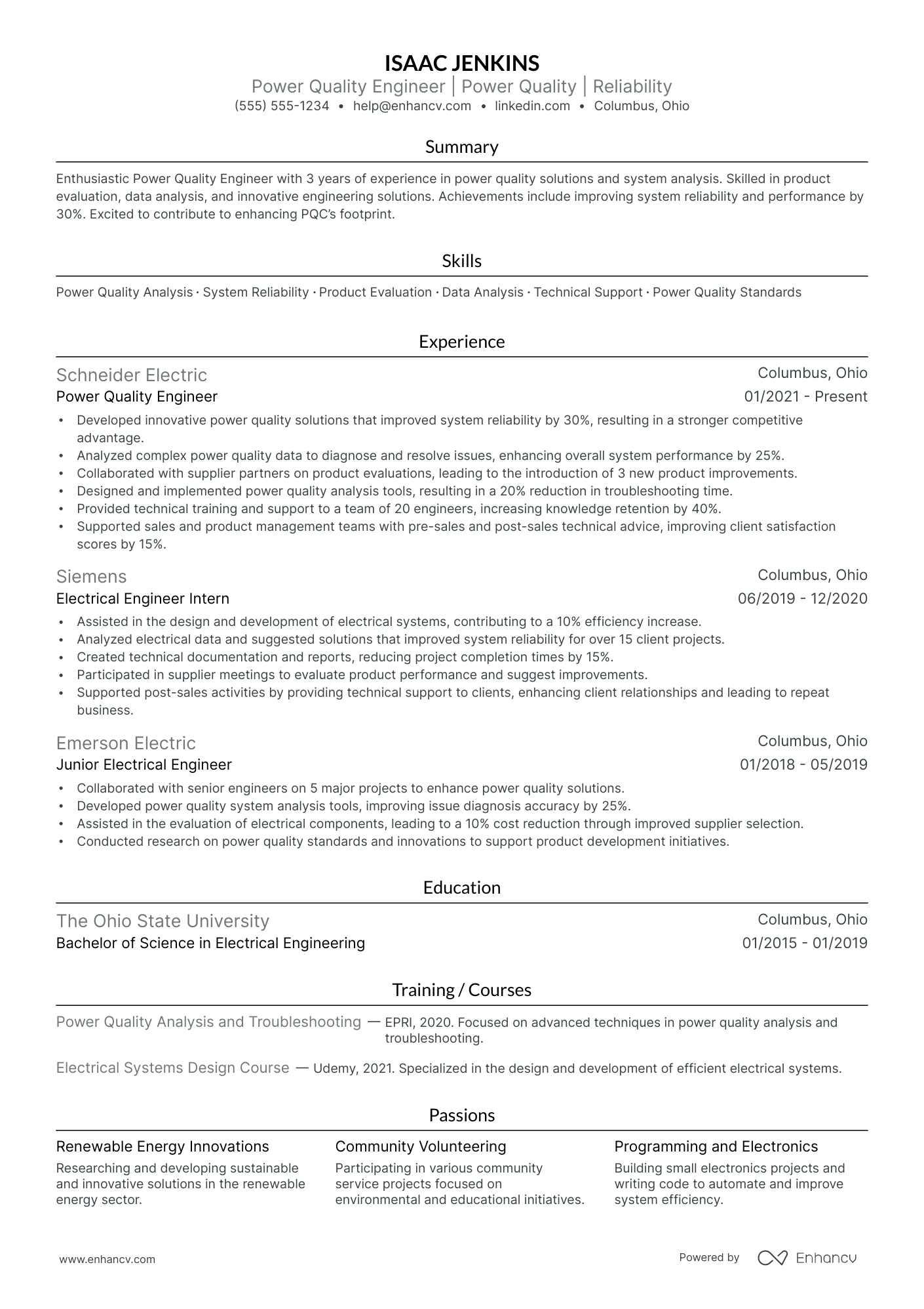 Electrical Power Engineer resume example