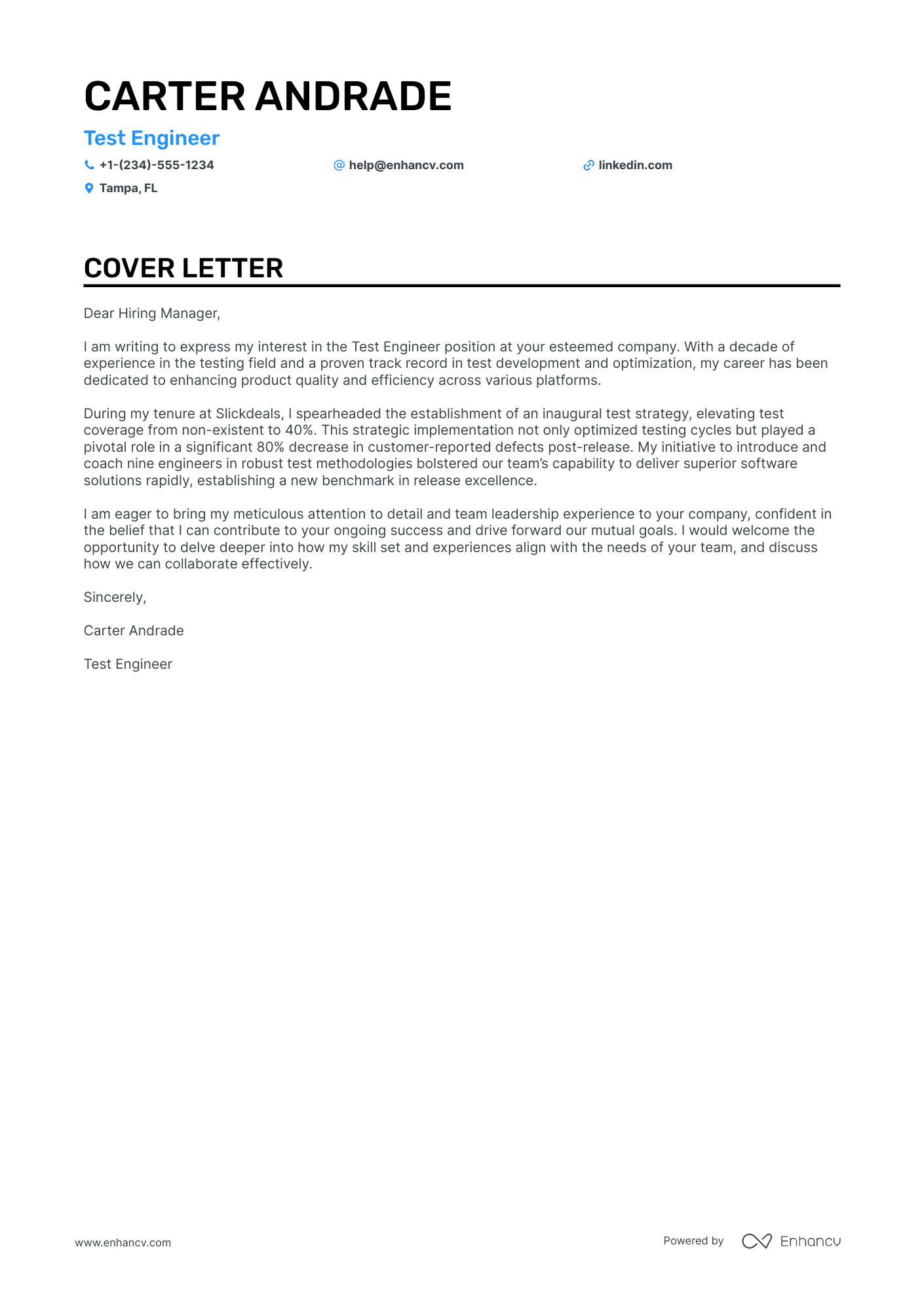 Test Engineer cover letter