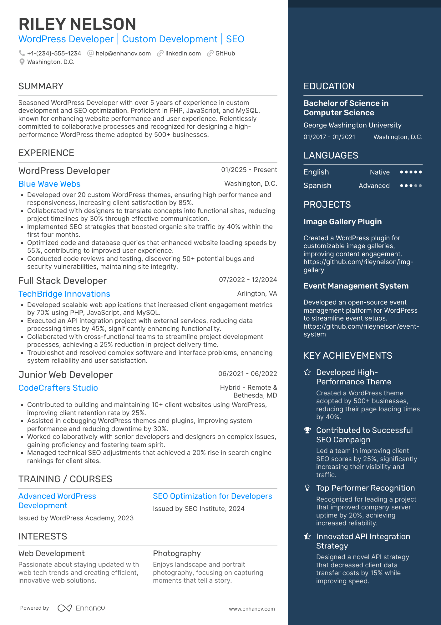 Wordpress Developer resume example