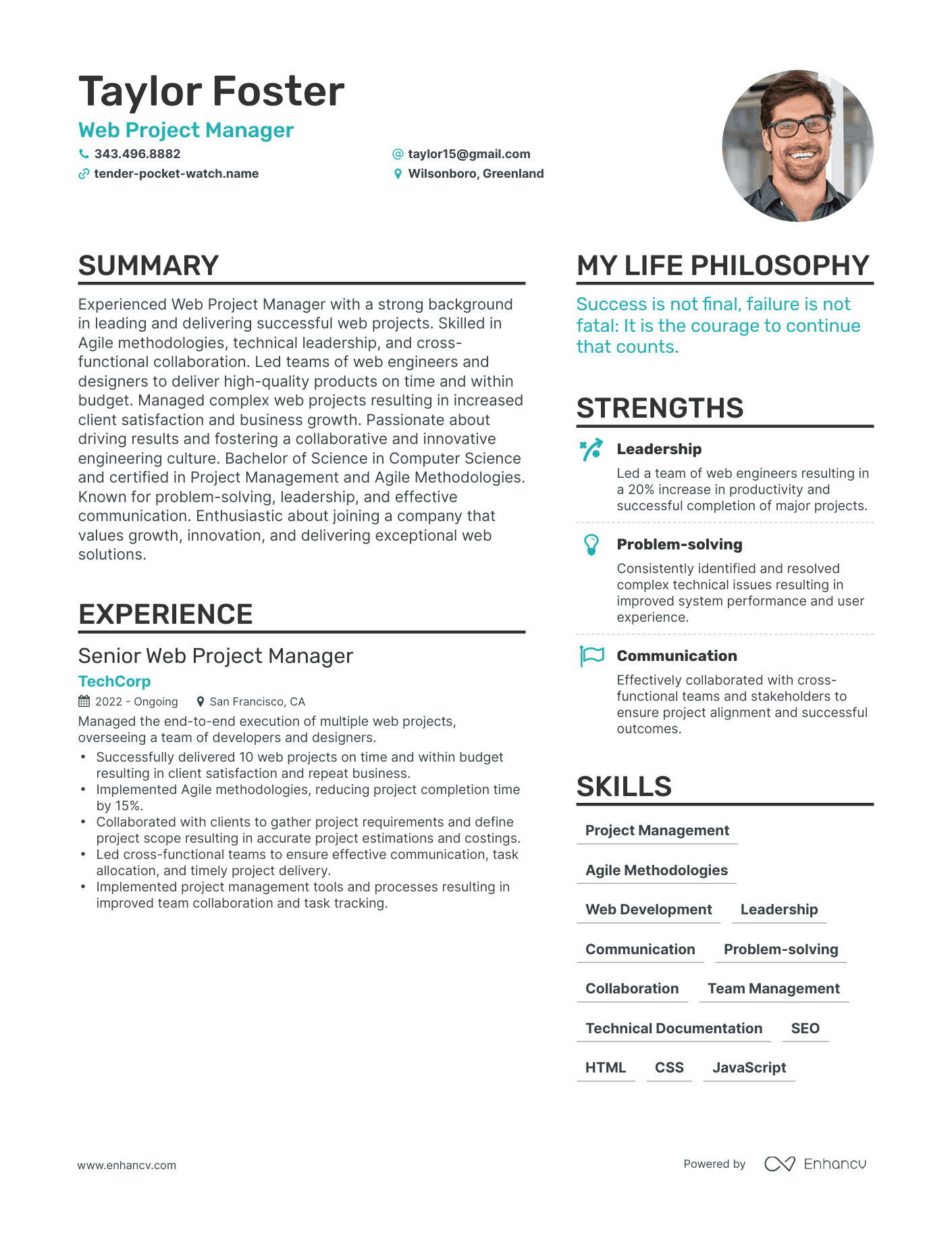Modern Web Project Manager Resume Example
