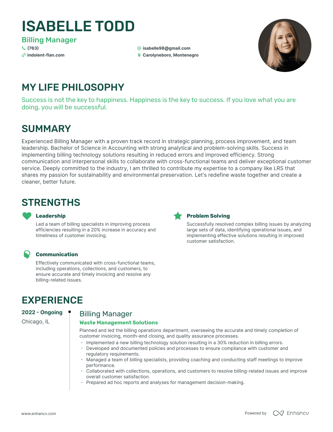 Creative Billing Manager Resume Example