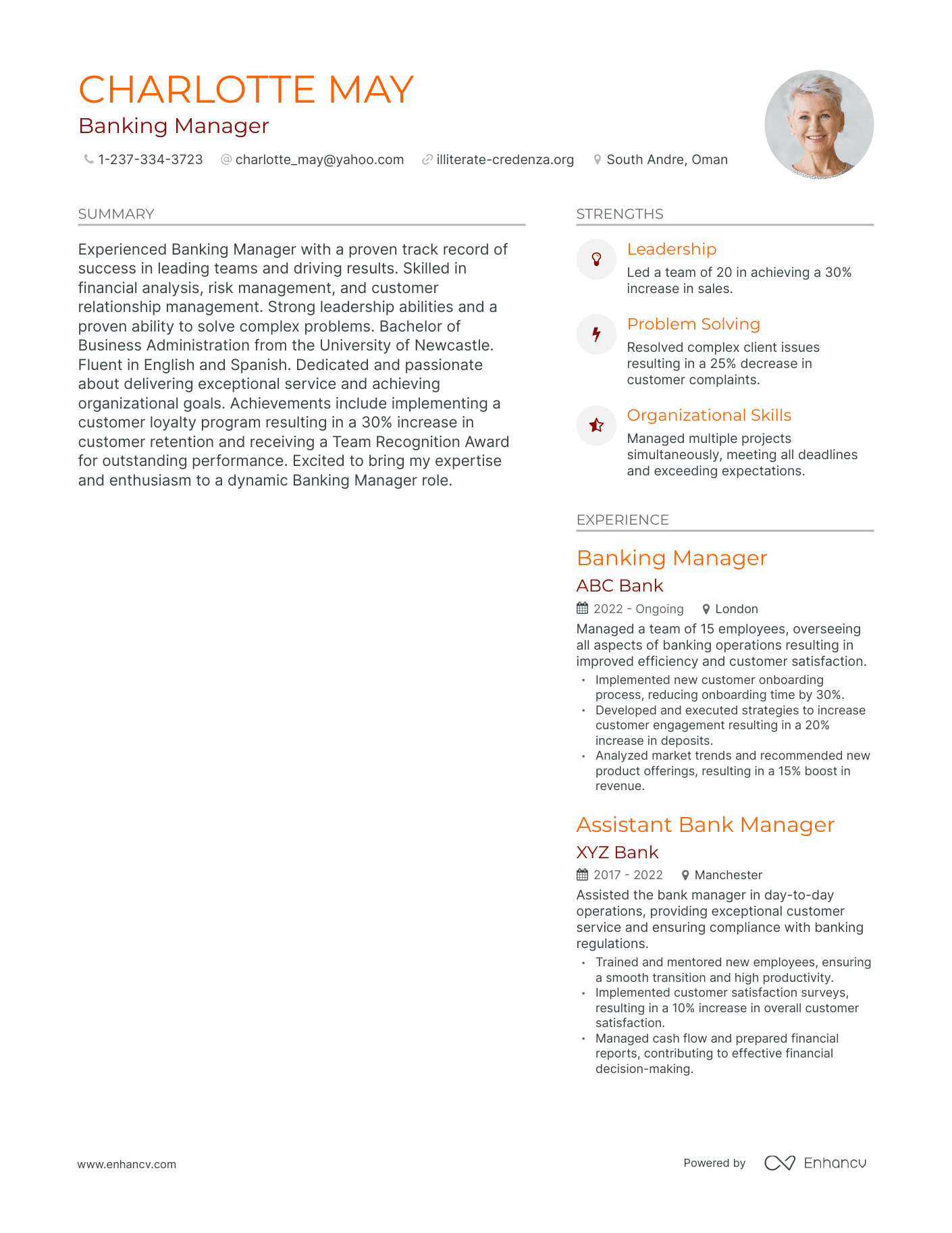 Banking Manager resume example