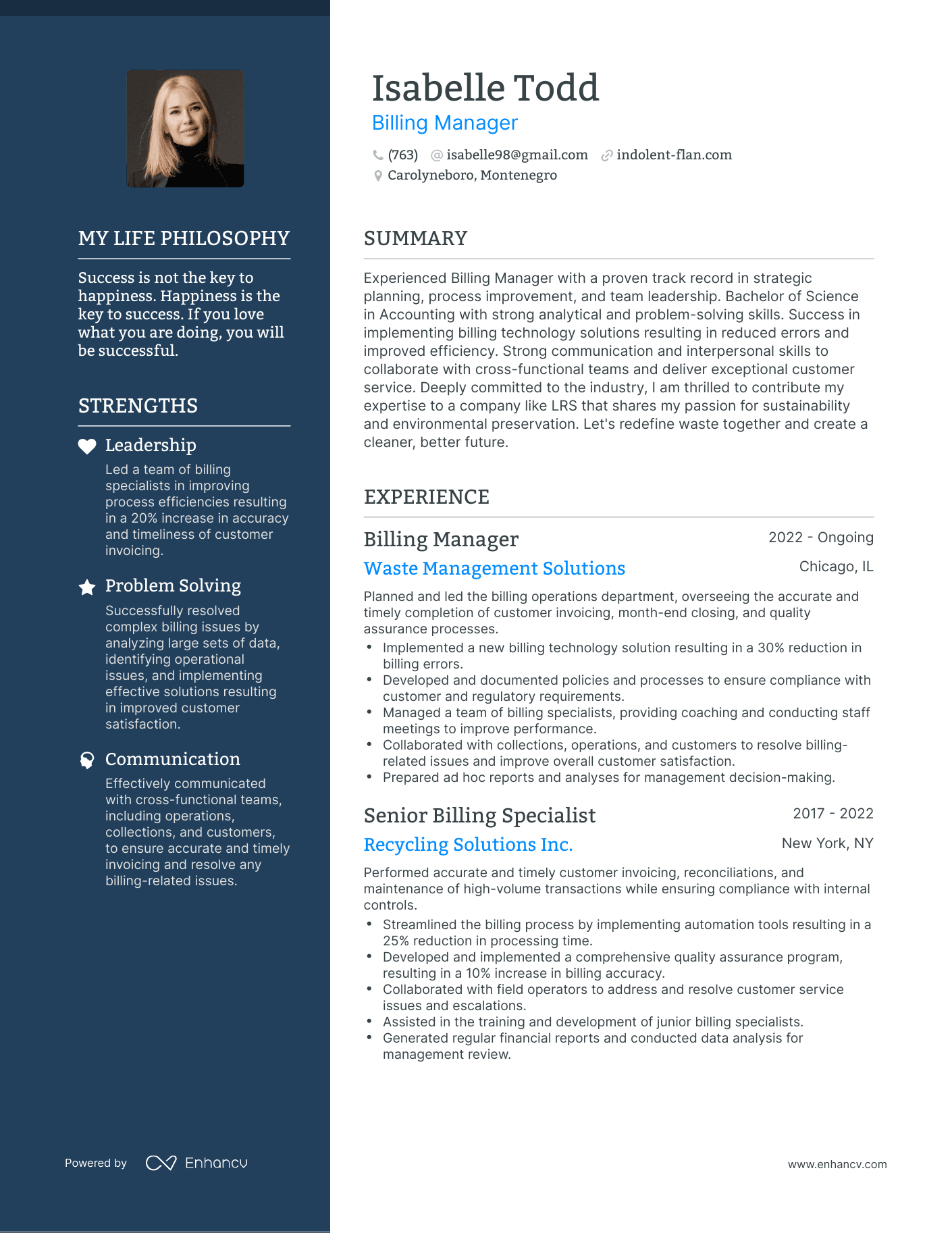 Billing Manager resume example