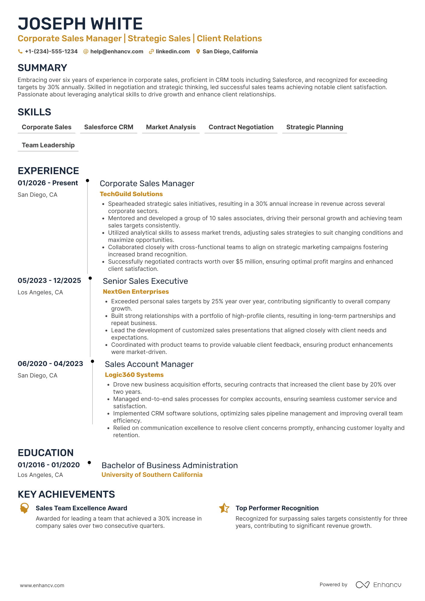 Corporate Sales Manager resume example