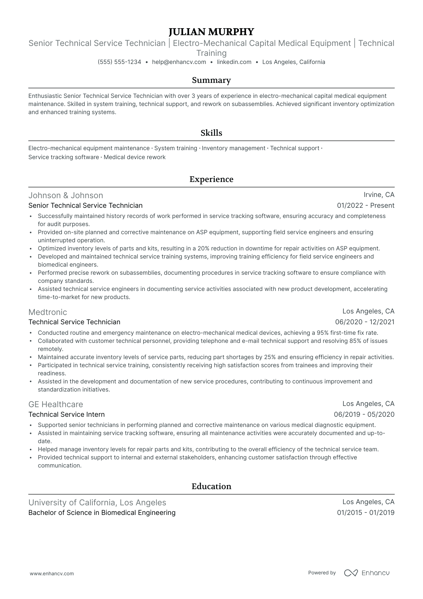 Technical Service Engineer resume example