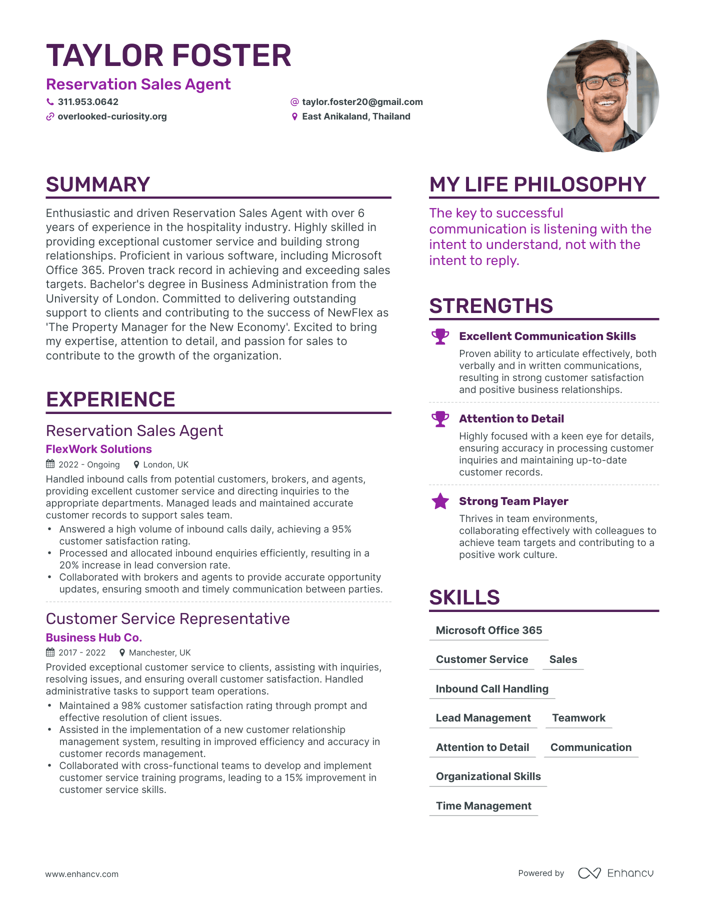 Reservation Sales Agent resume example