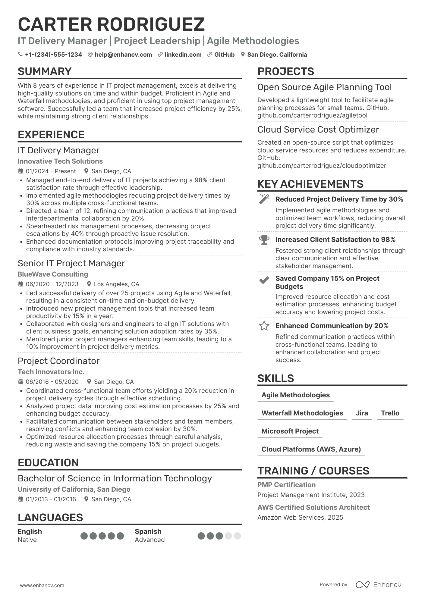 IT Delivery Manager resume example