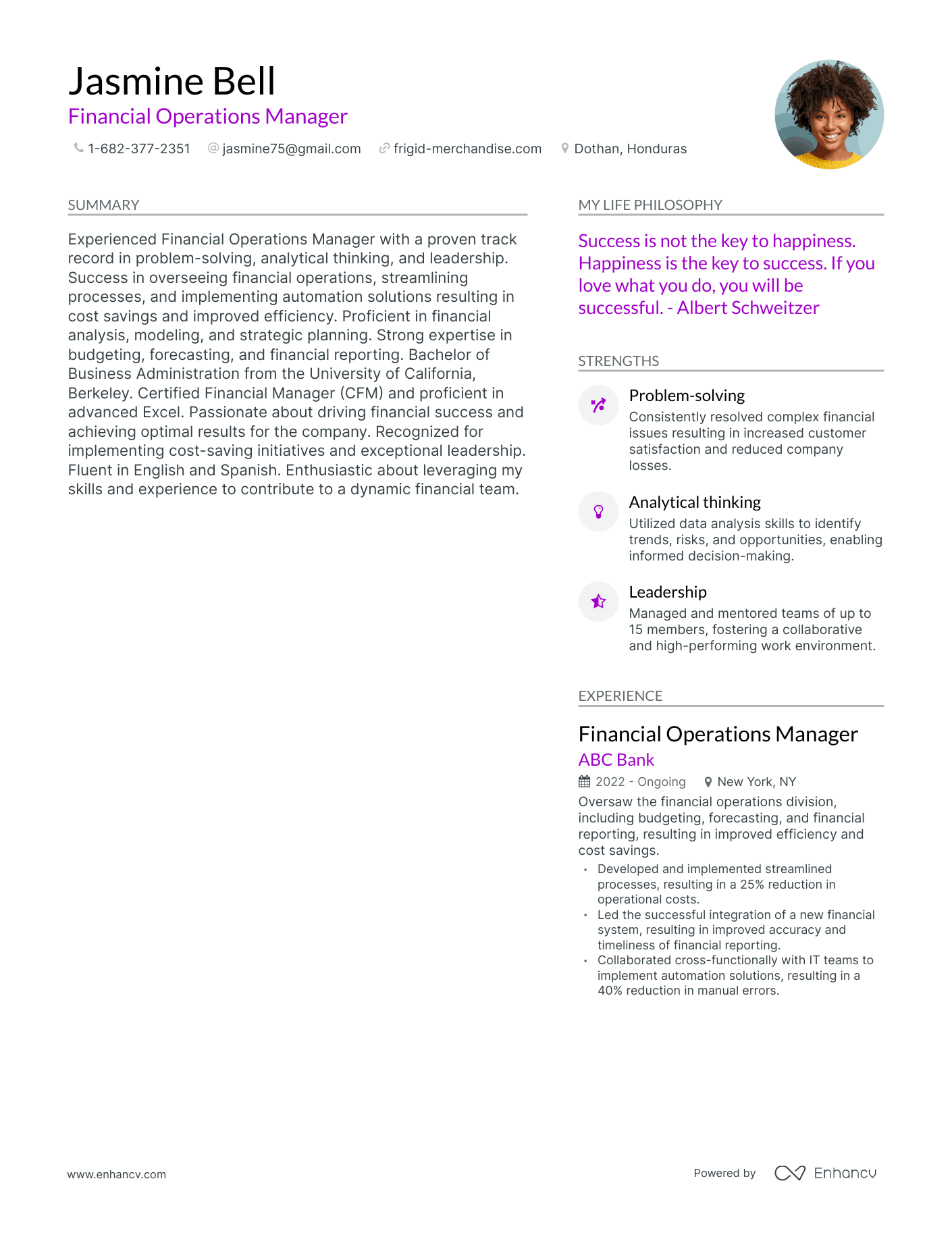 Financial Operations Manager resume example