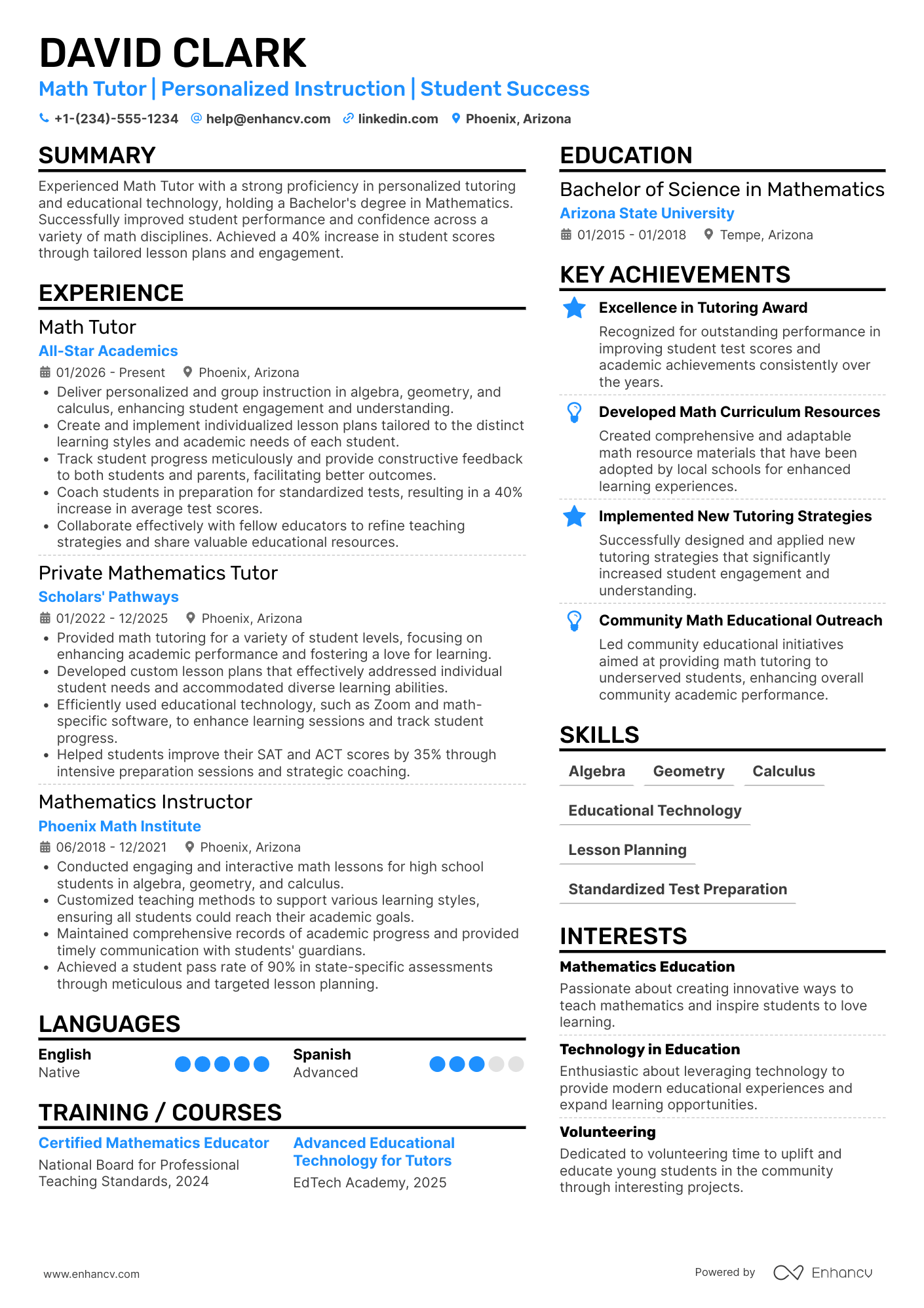 Math Tutor resume example