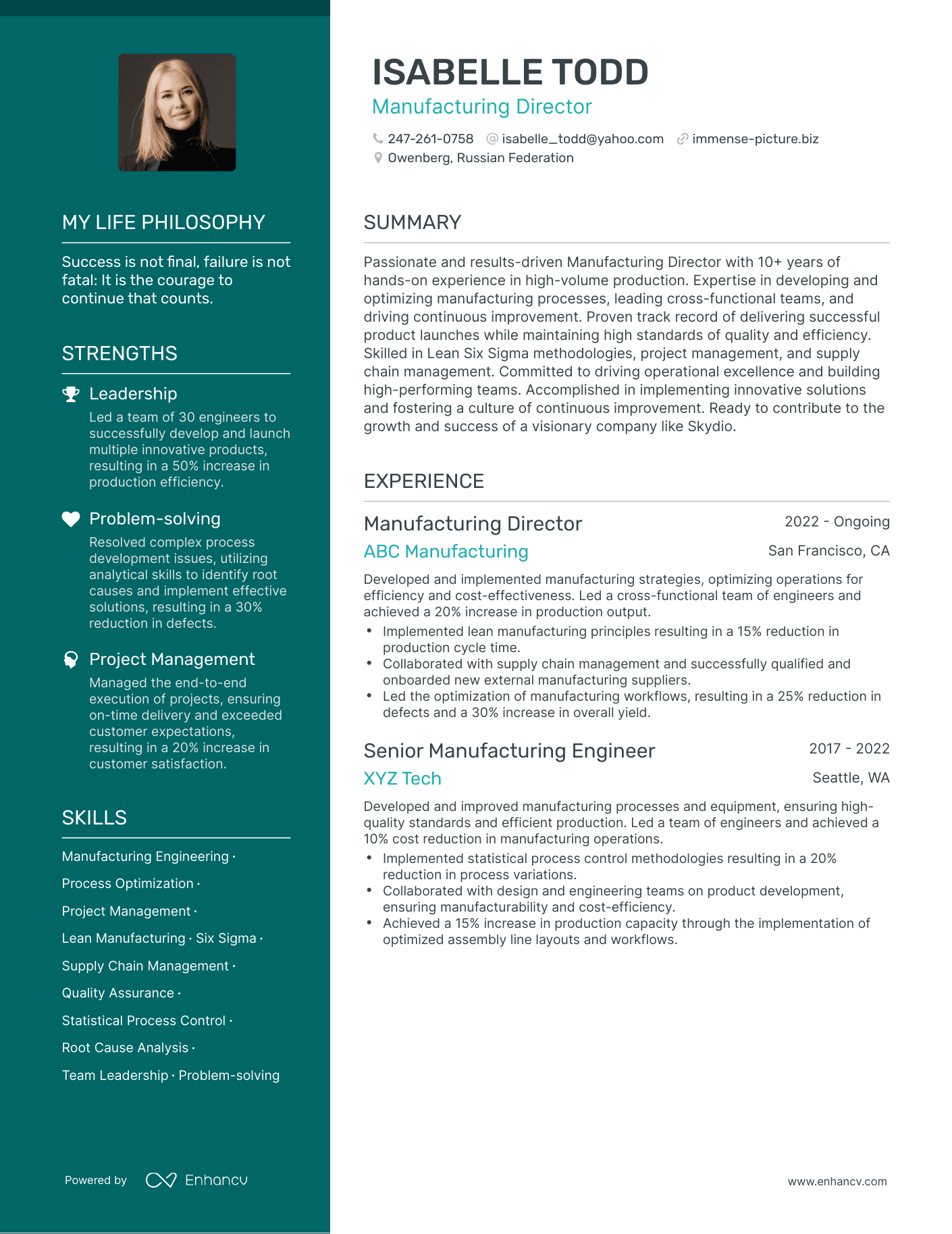 Creative Manufacturing Director Resume Example