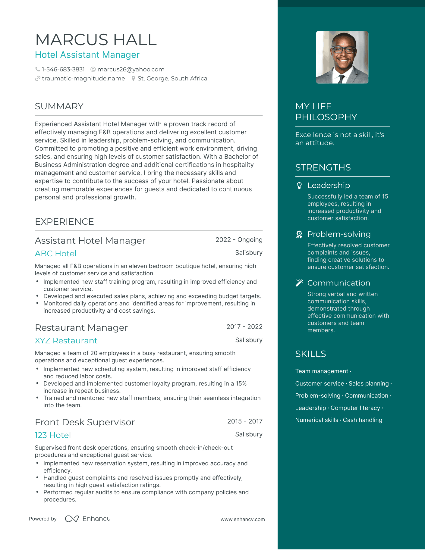 Hotel Assistant Manager resume example