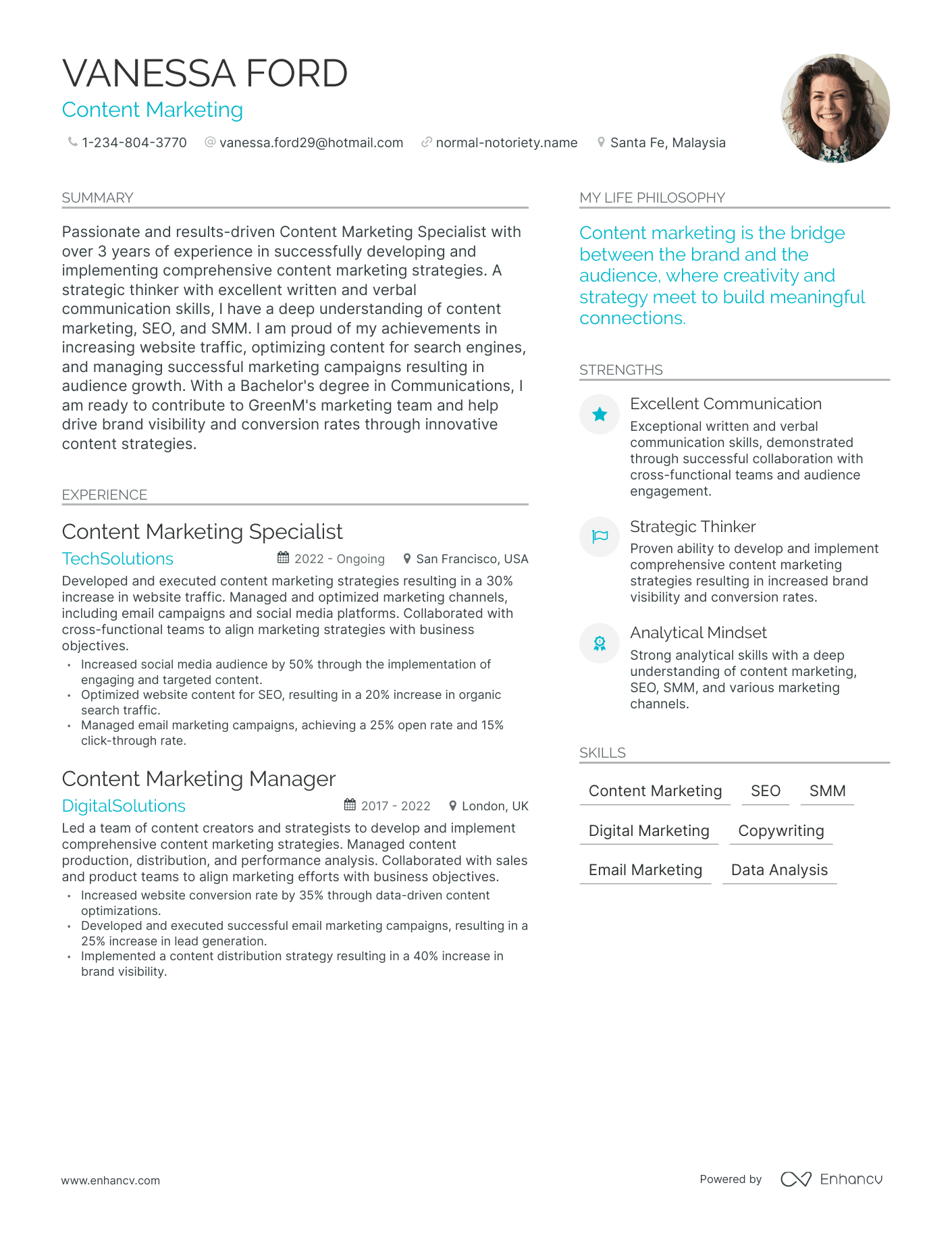 Modern Content Marketing Resume Example