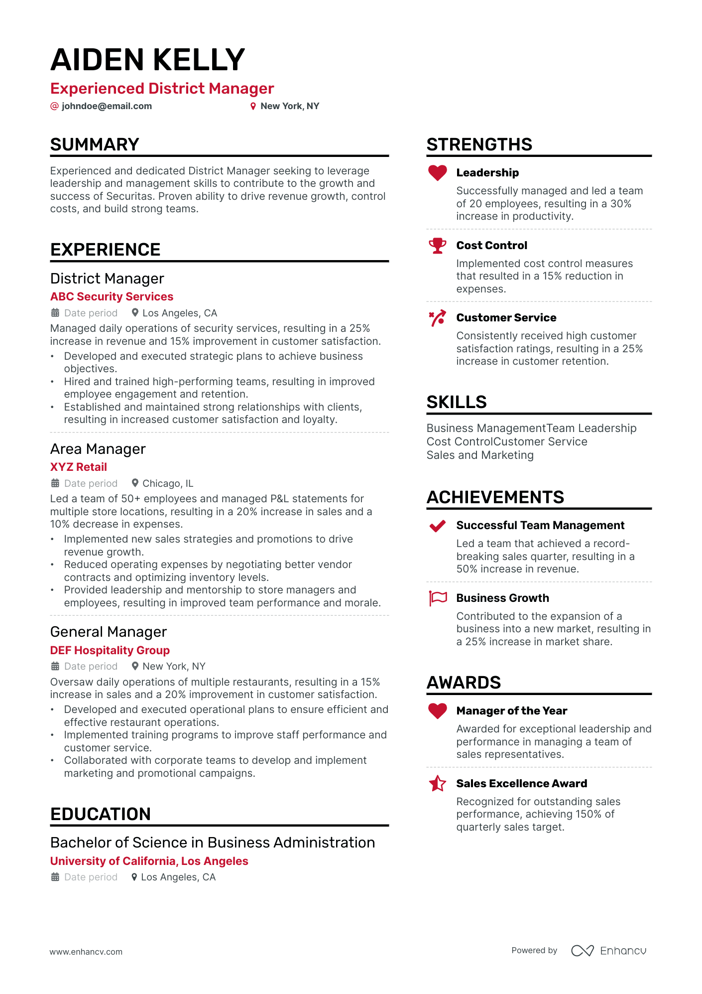 District Manager resume example