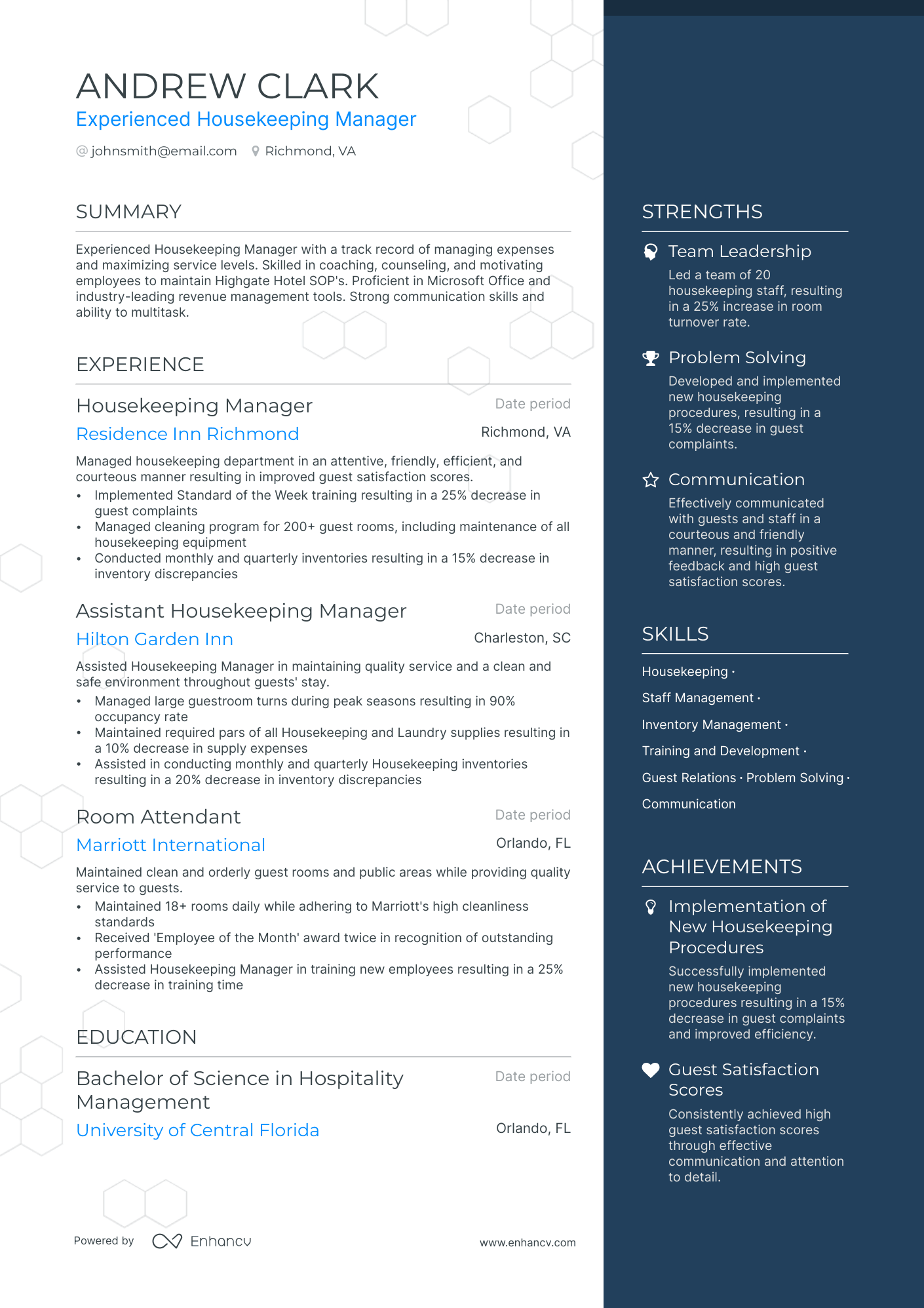 housekeeping manager resume example