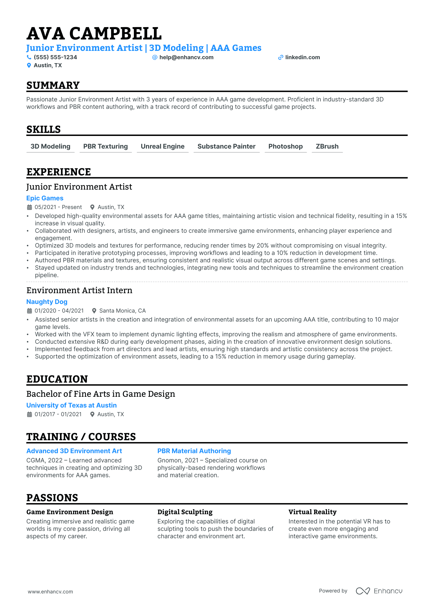 Environment Artist resume example