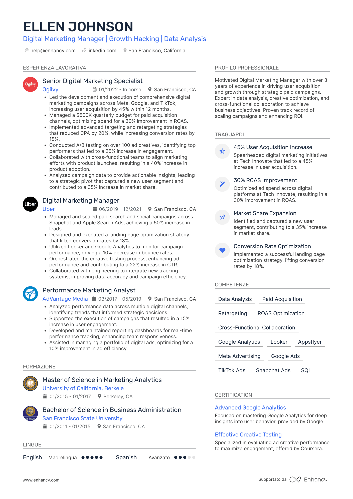 A resume with two columns and a photo in the resume header and royal blue accent color. A long summary and an experience section in focus.