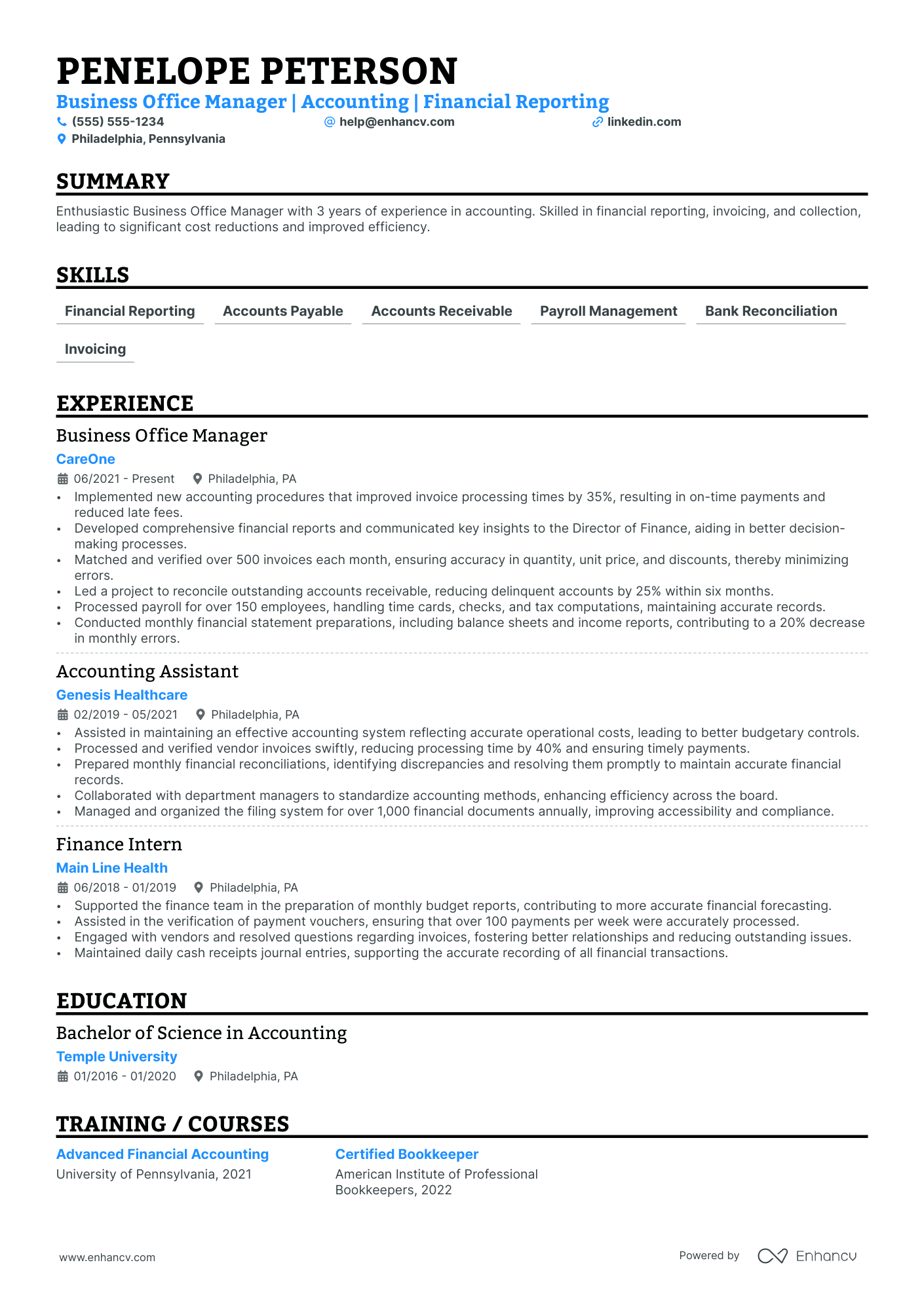 Bookkeeping Manager resume example