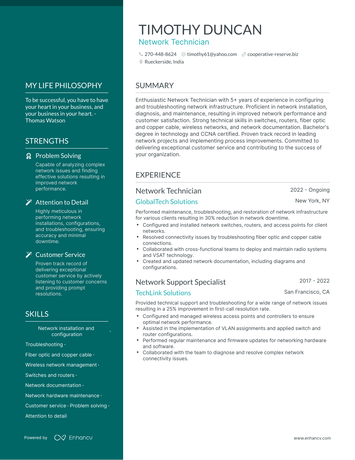 Creative Network Technician Resume Example