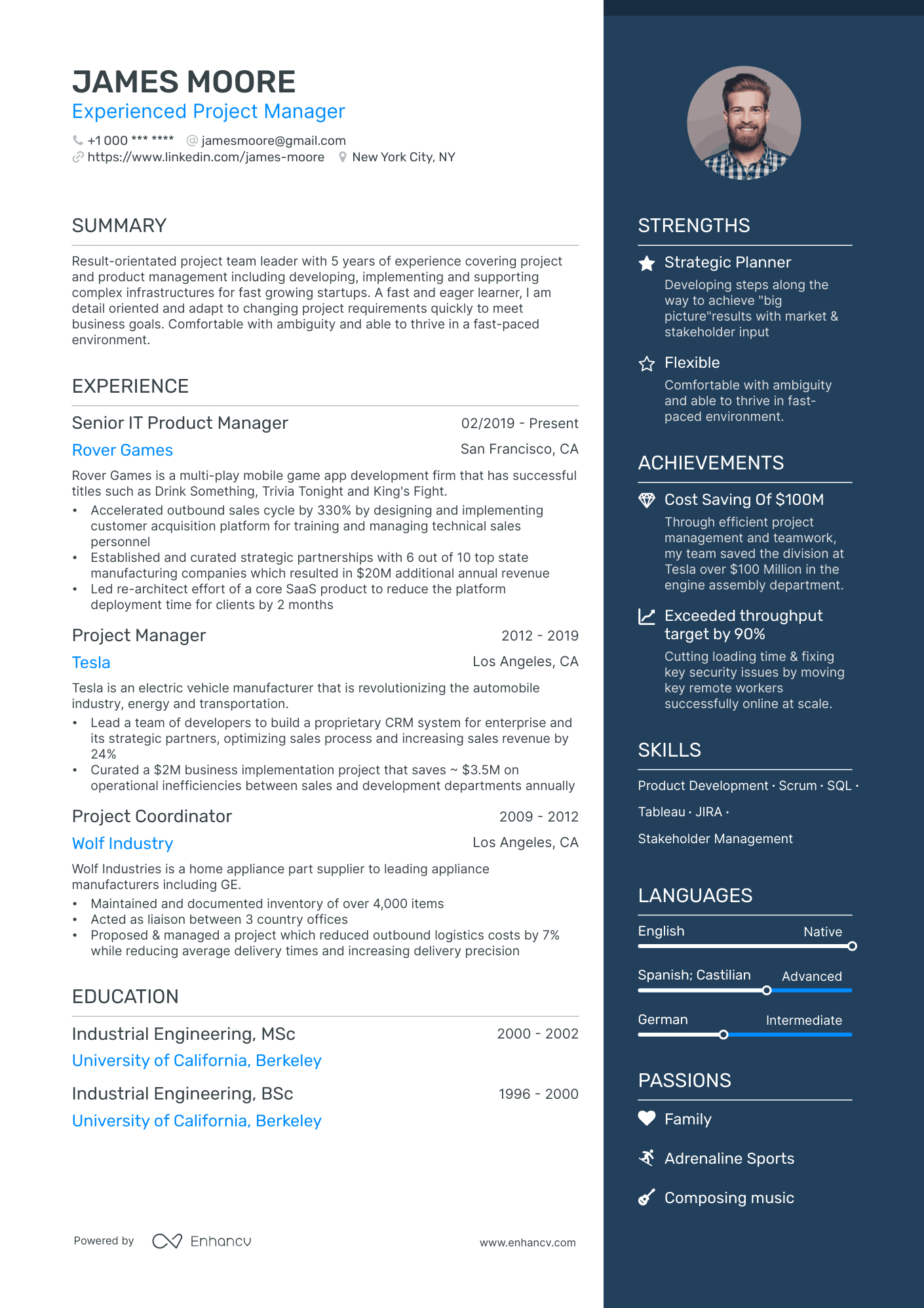 Experienced Project Manager CV example