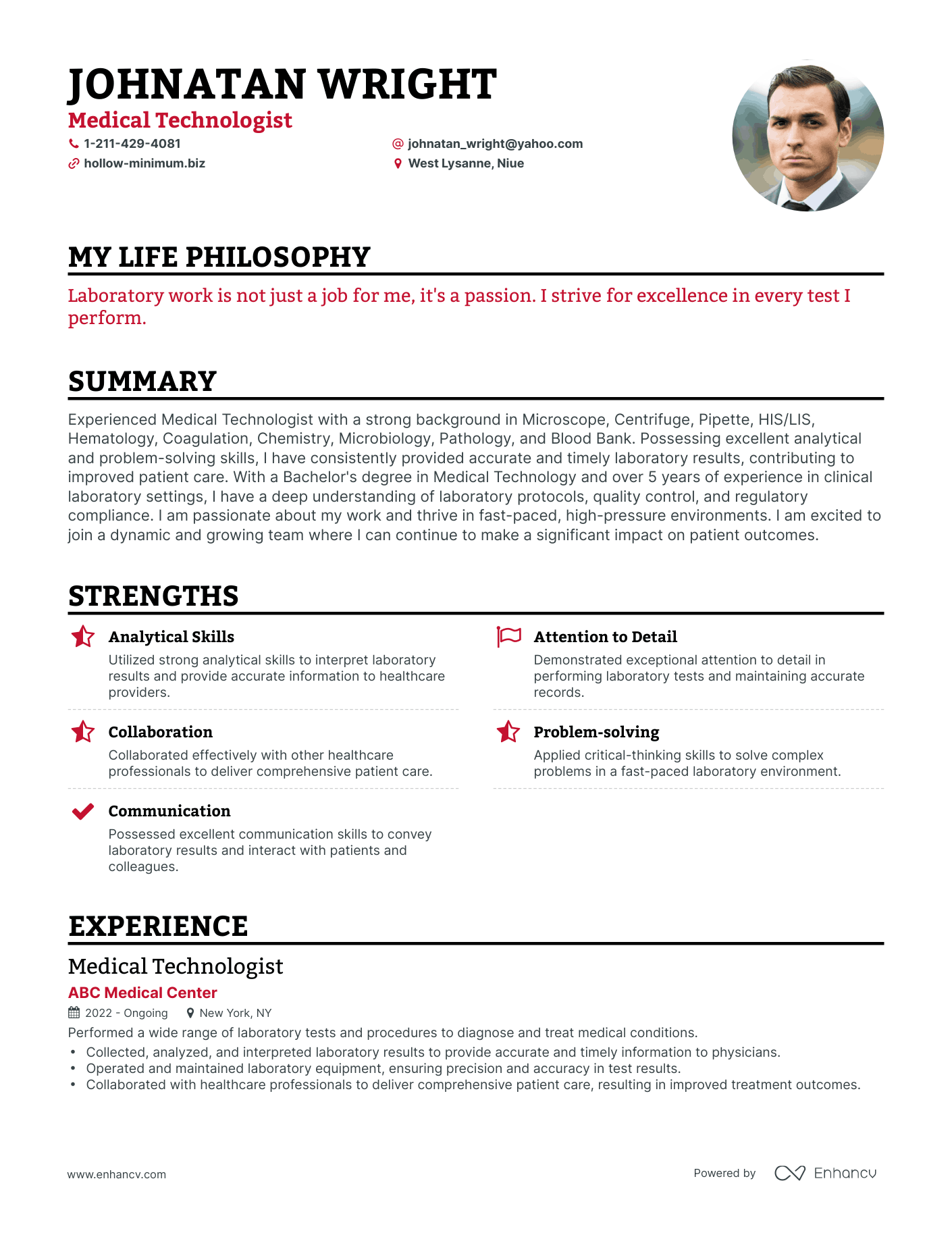Creative Medical Technologist Resume Example