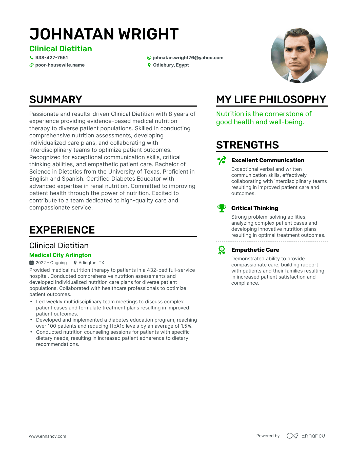Clinical Dietitian resume example
