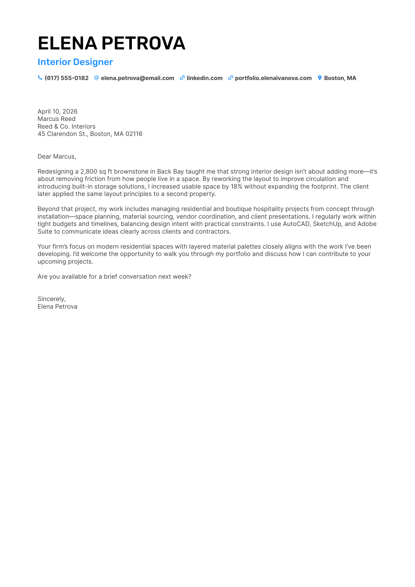 Interior Designer cover letter