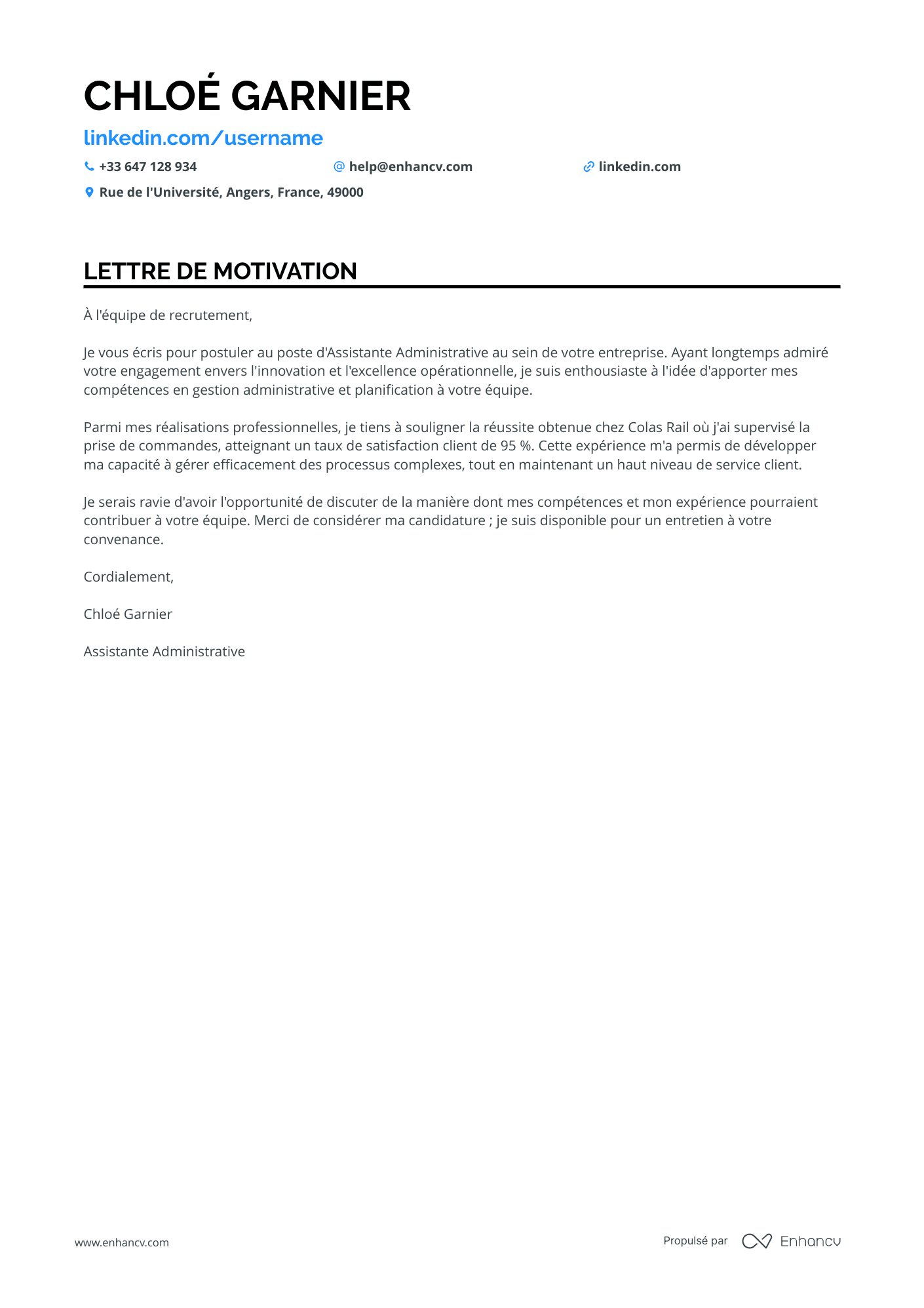 Assistant Administratif Lettre de motivation
