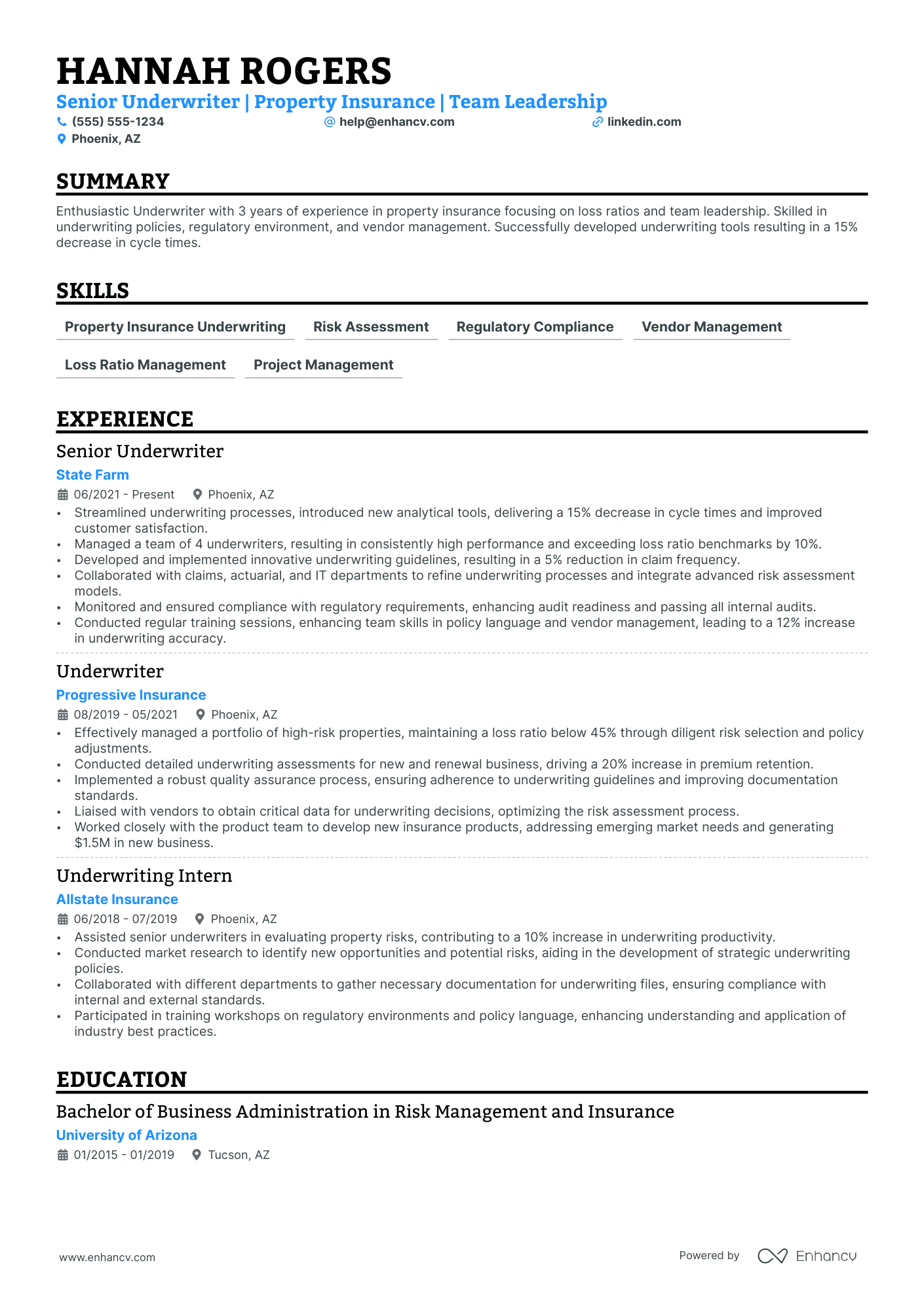 Underwriting Manager resume example