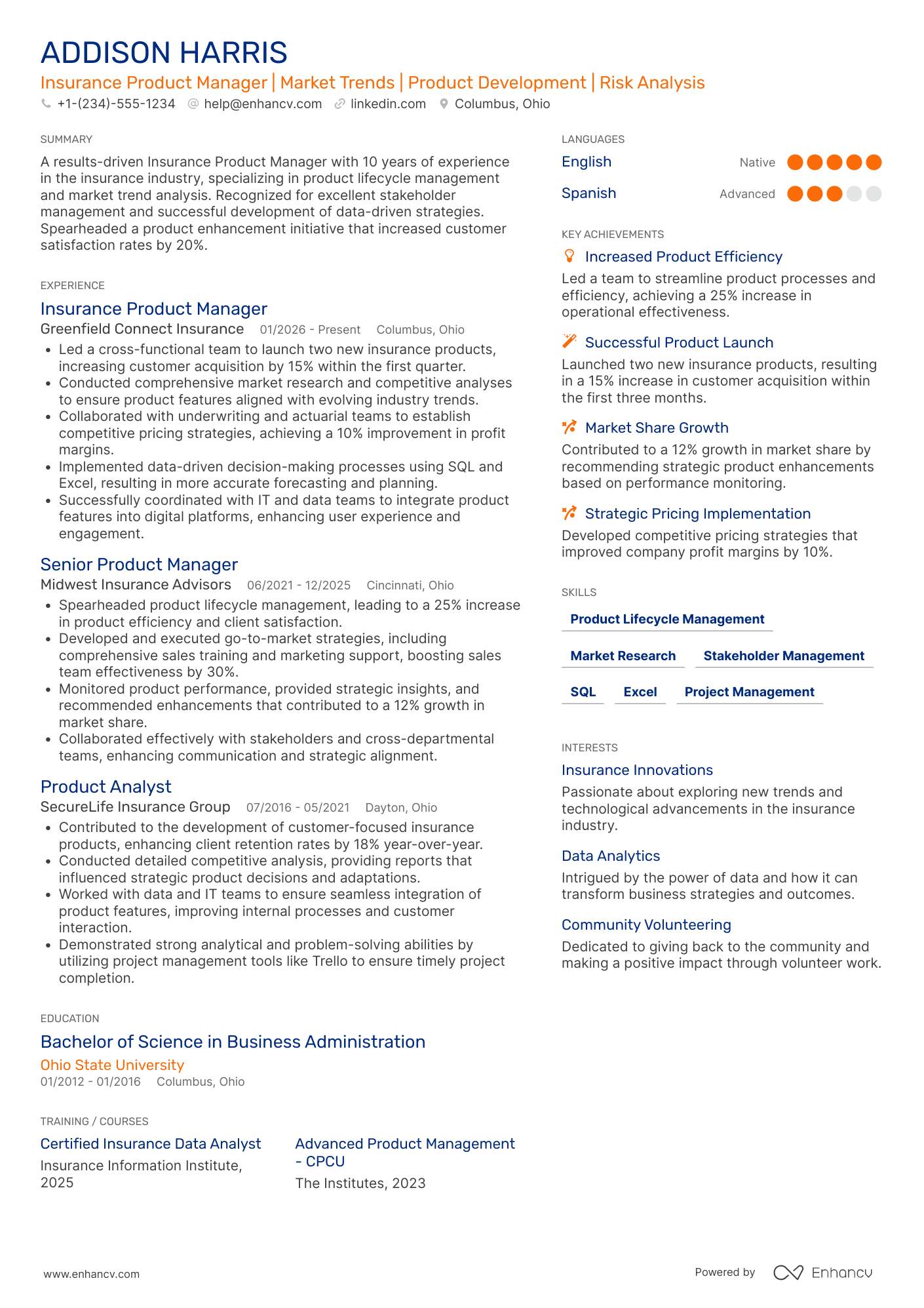 Insurance Product Manager resume example