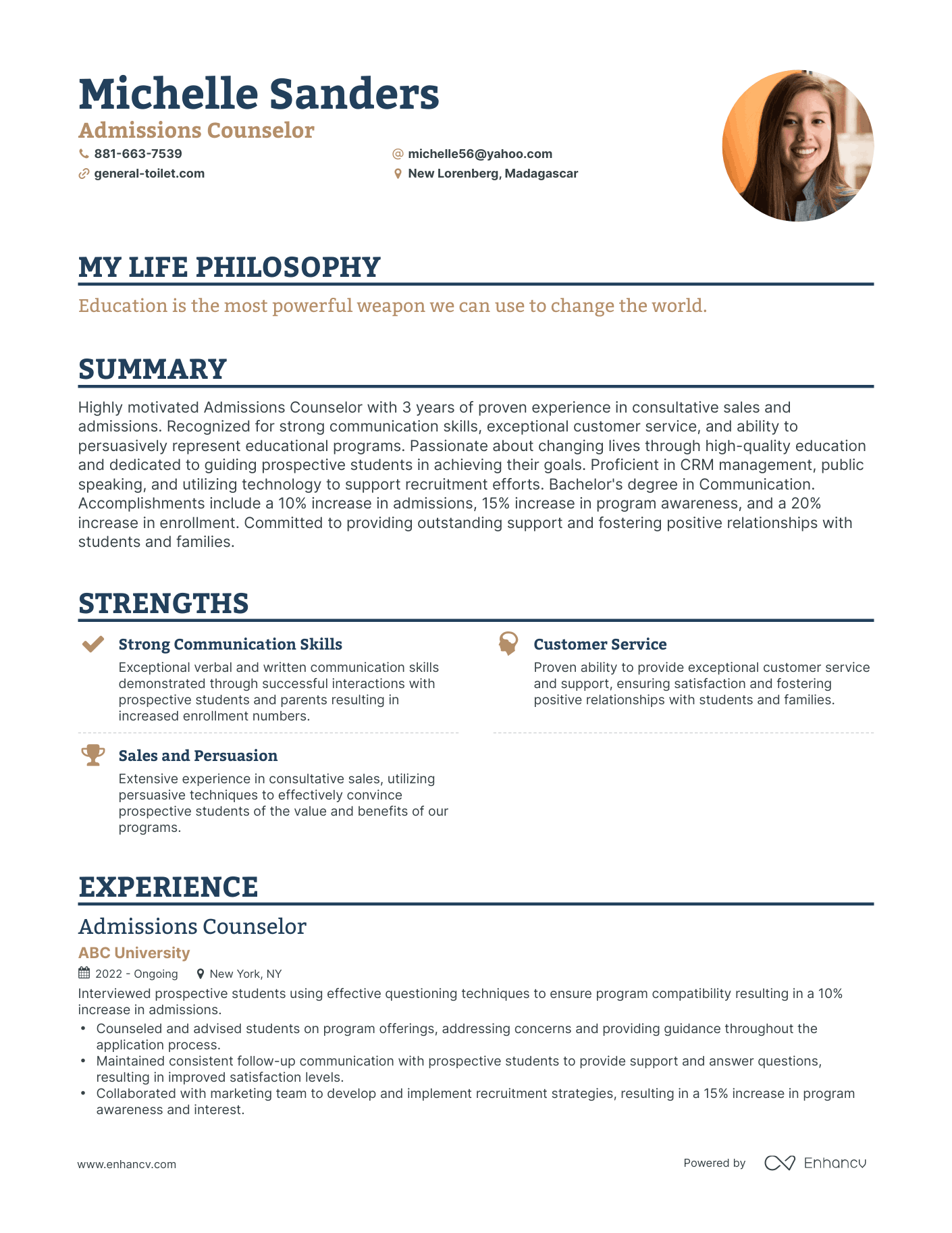 Creative Admissions Counselor Resume Example