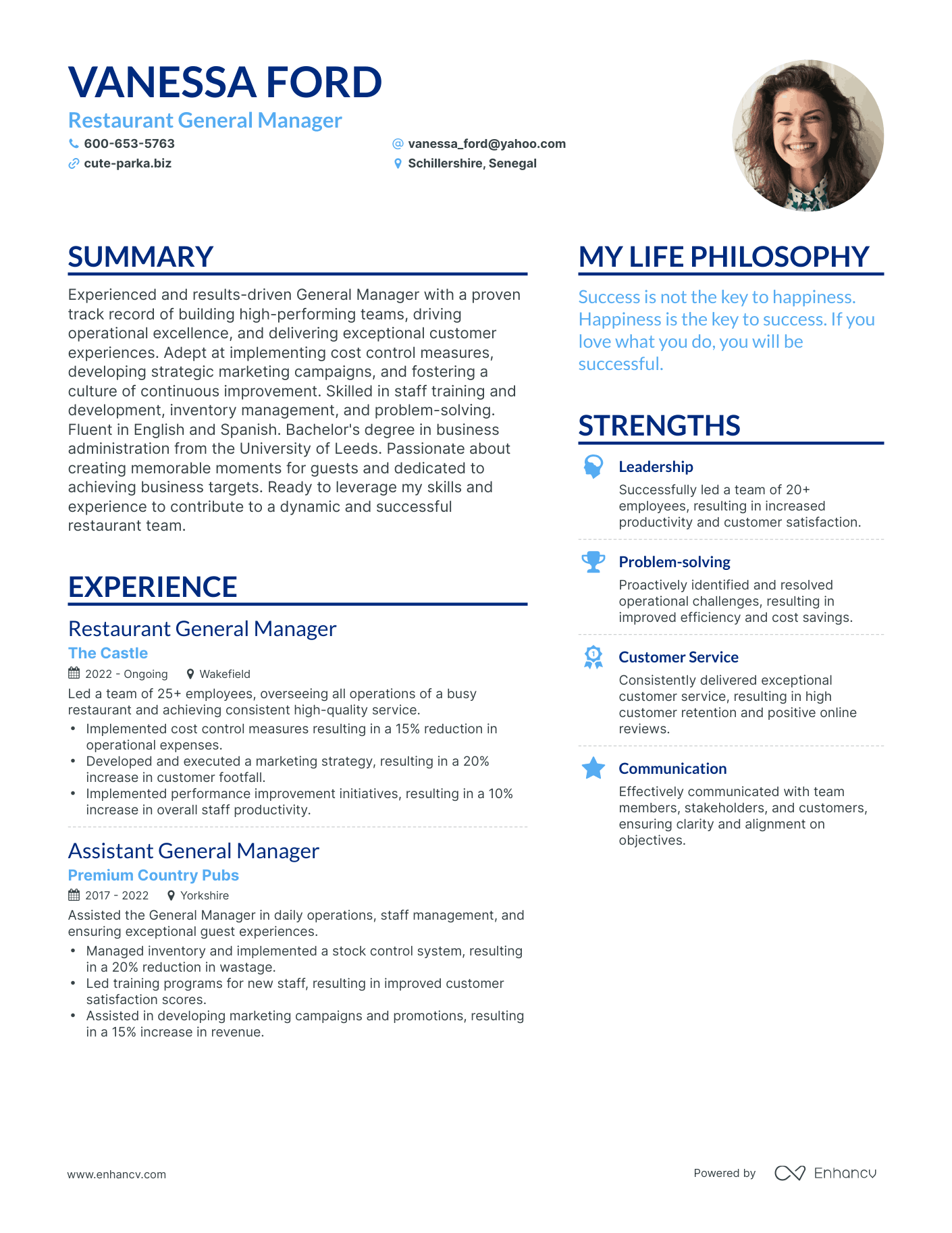 Restaurant General Manager resume example