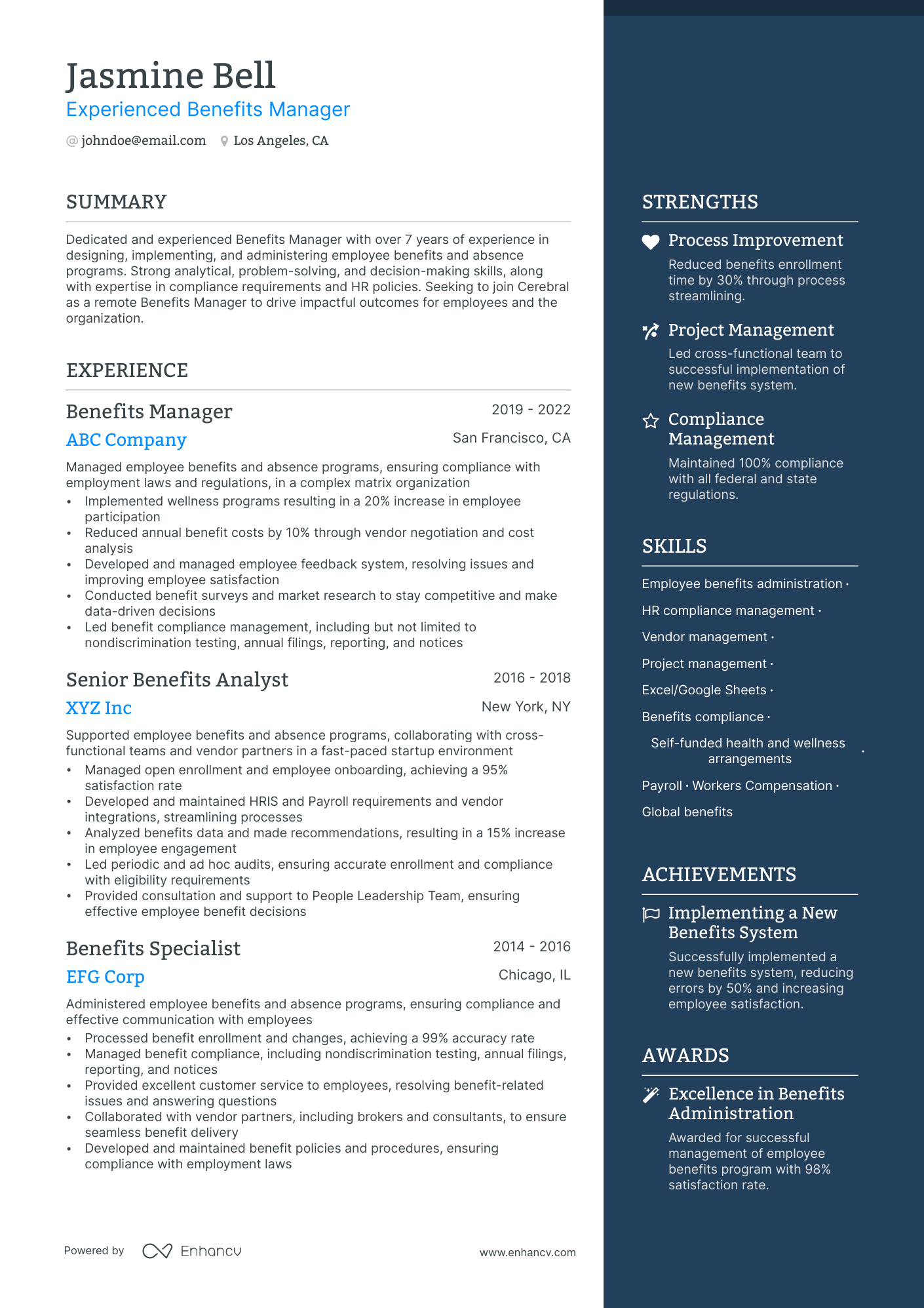 Benefits Manager resume example