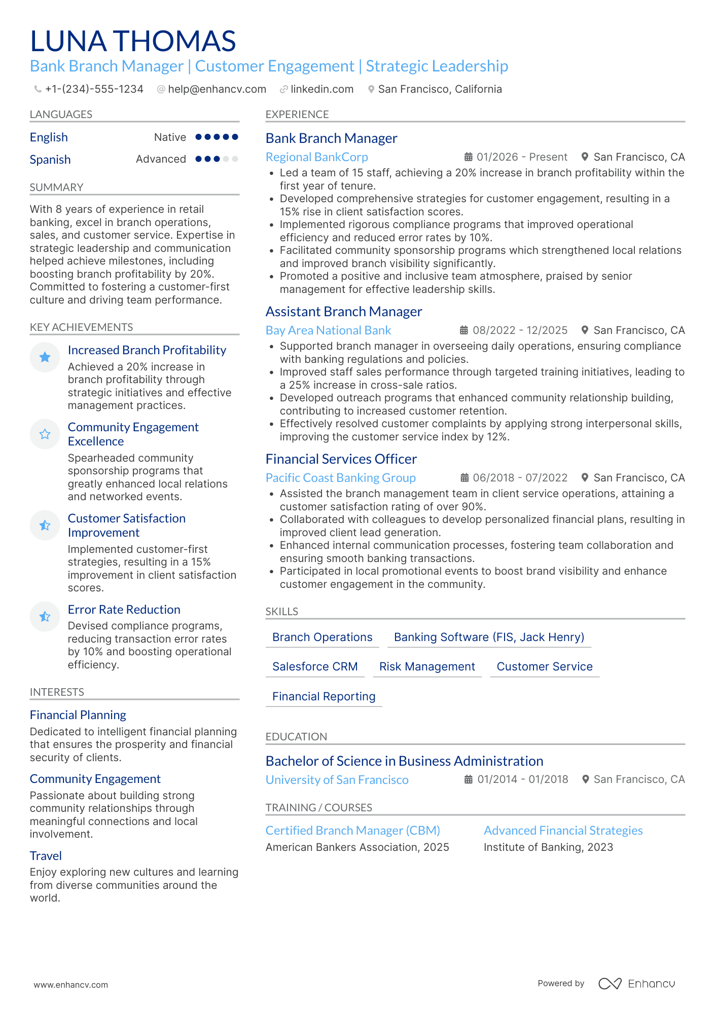 Bank Branch Manager resume example