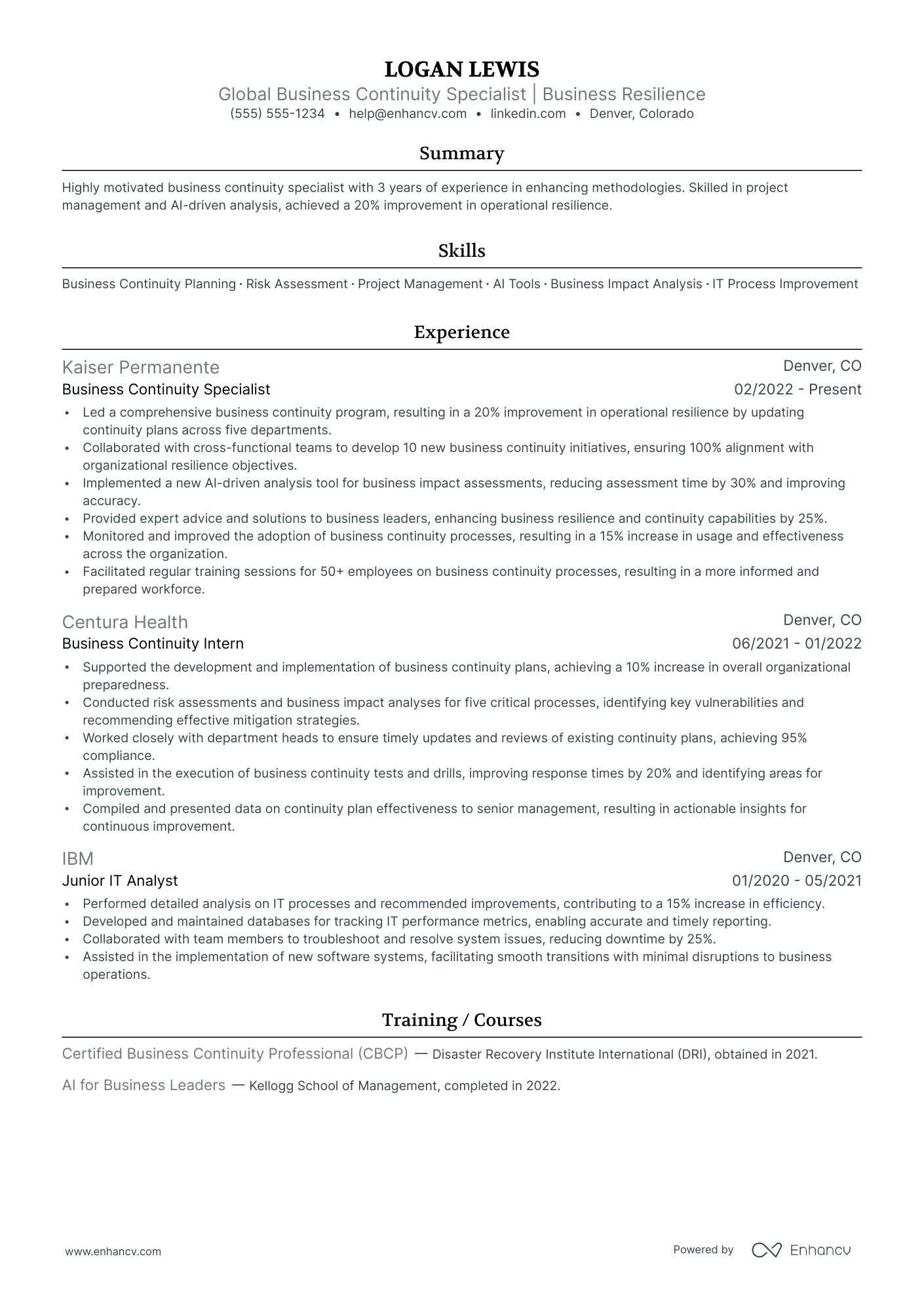 Global Business Continuity Manager resume example