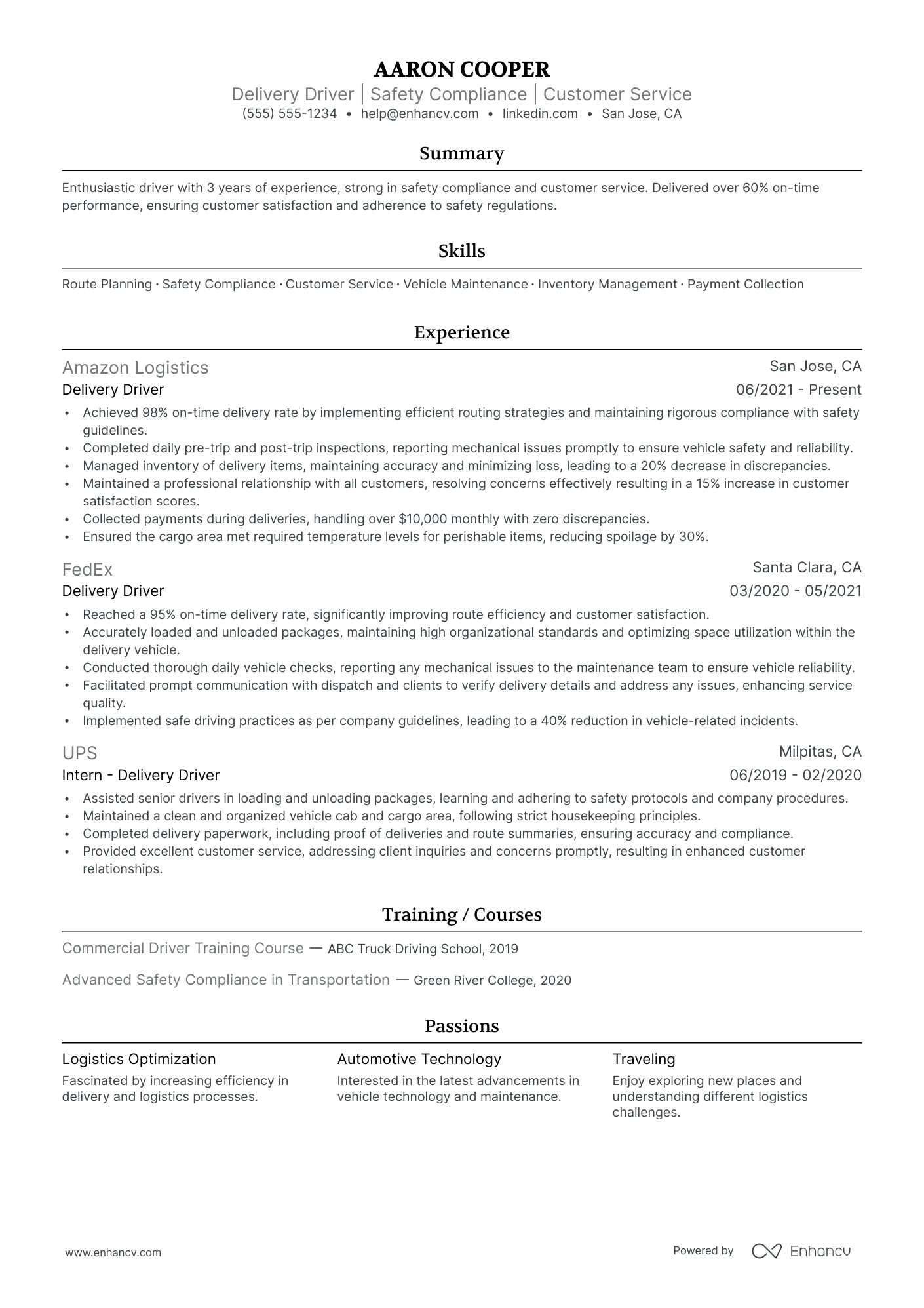 Overnight Delivery Driver resume example