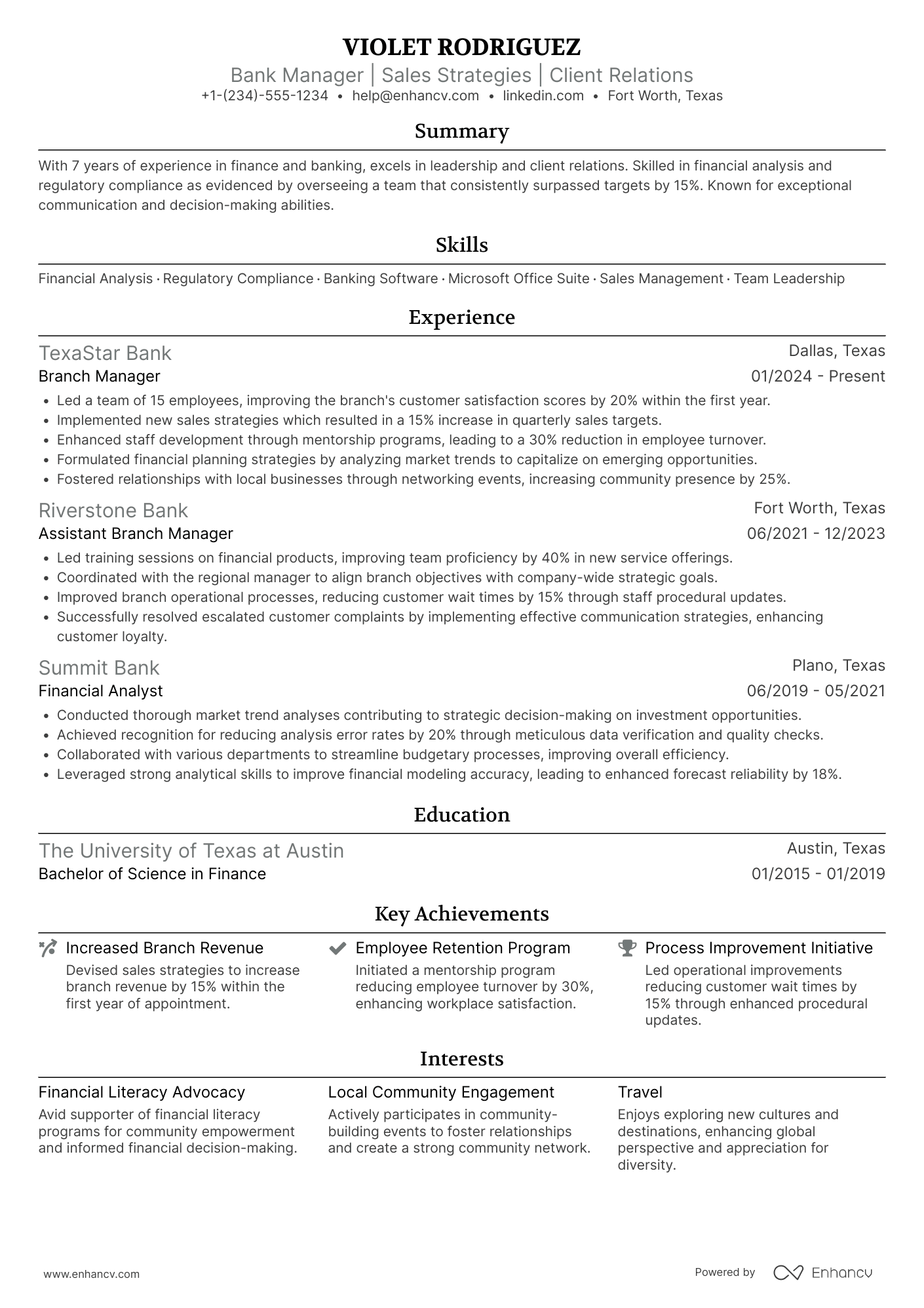 Bank Manager resume example
