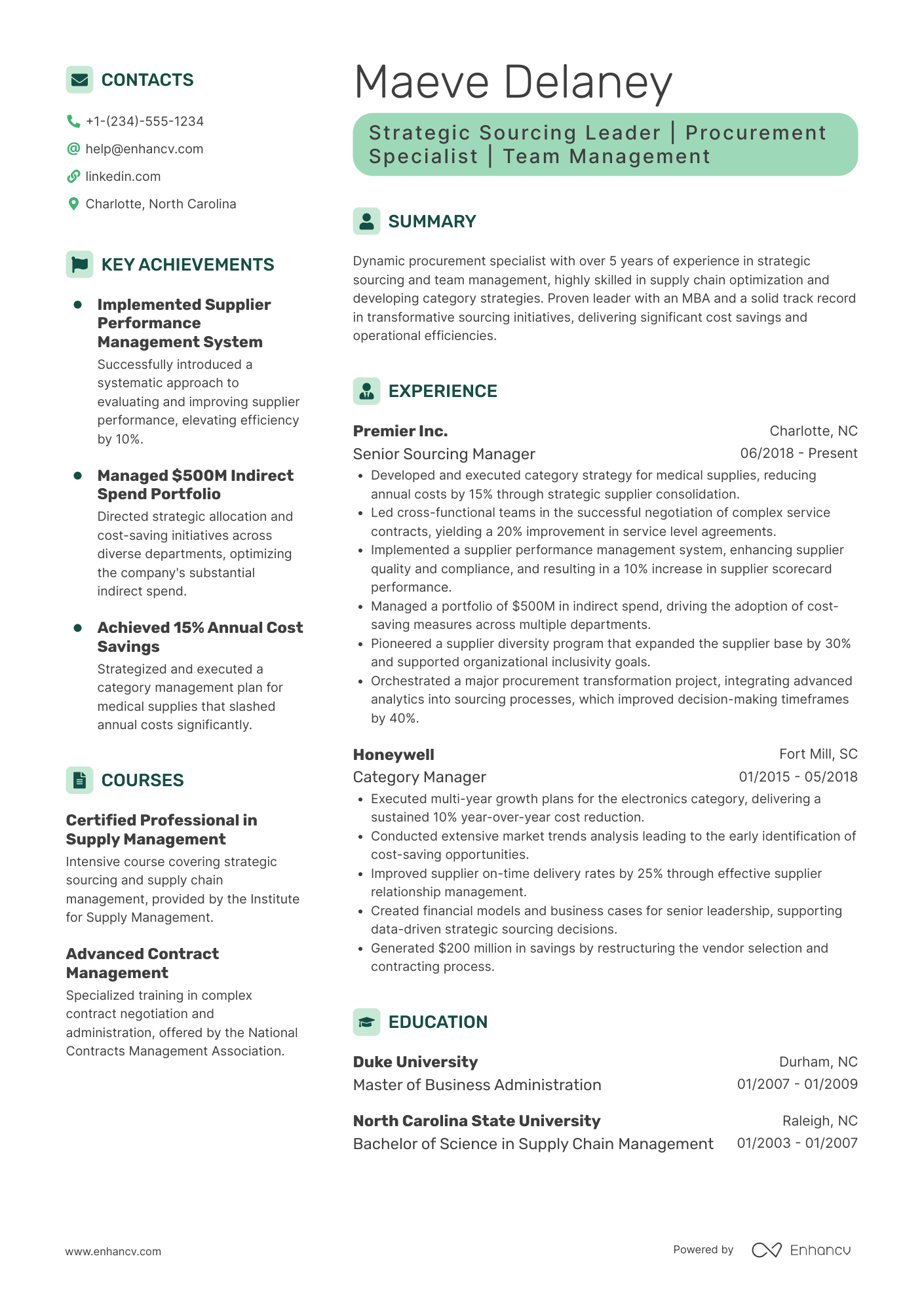 A contemporary resume template with green accent colors.