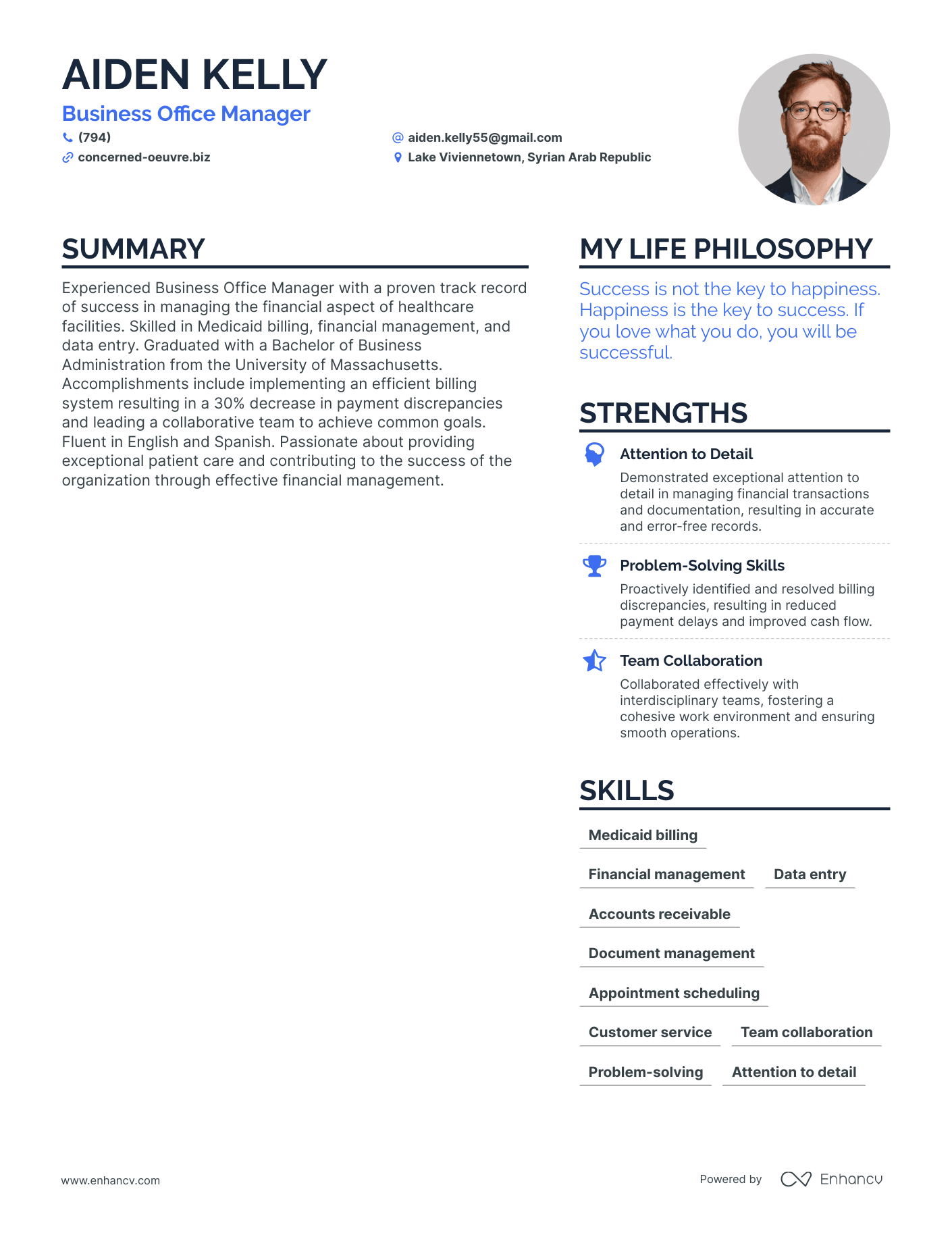 Business Office Manager resume example