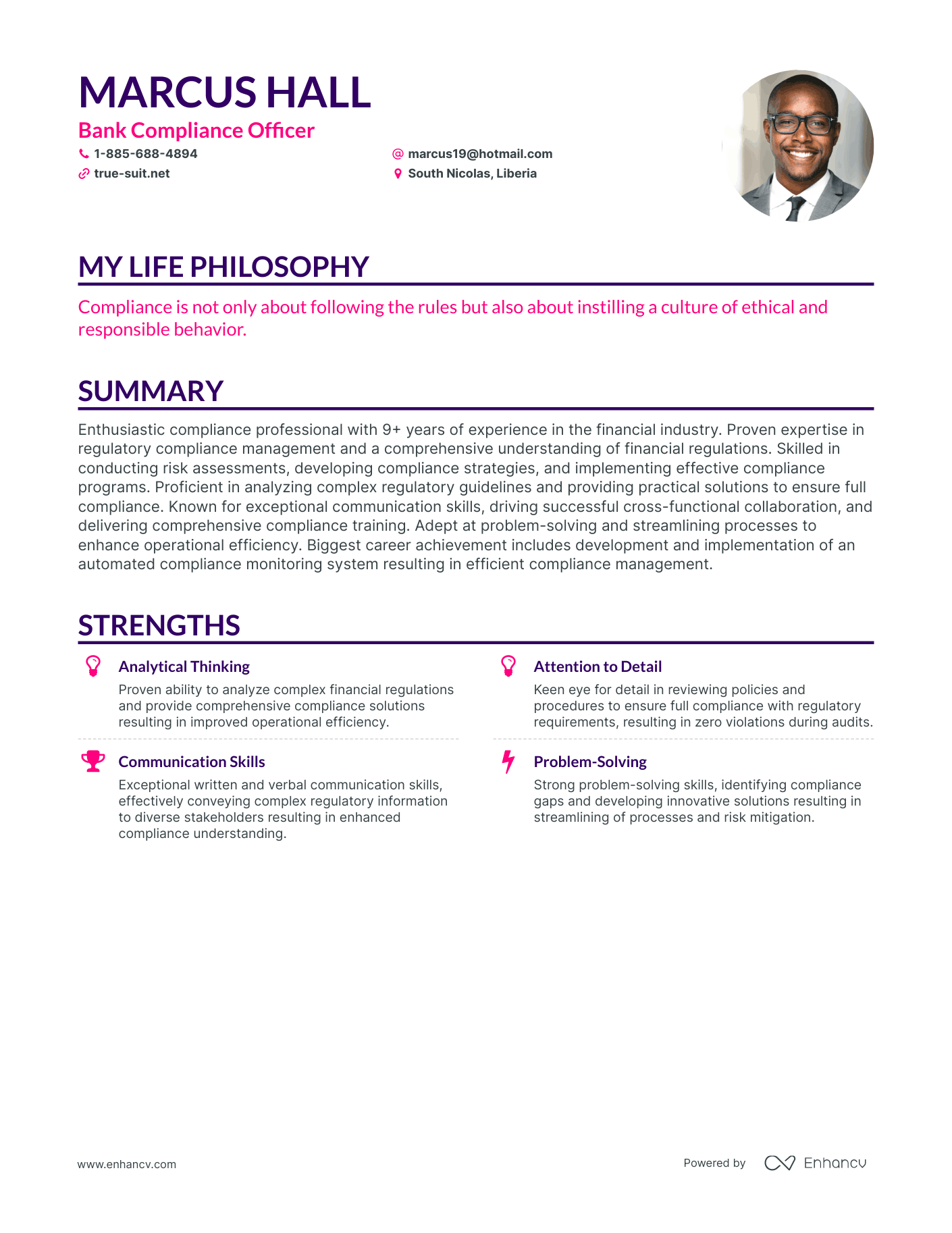Creative Bank Compliance Officer Resume Example
