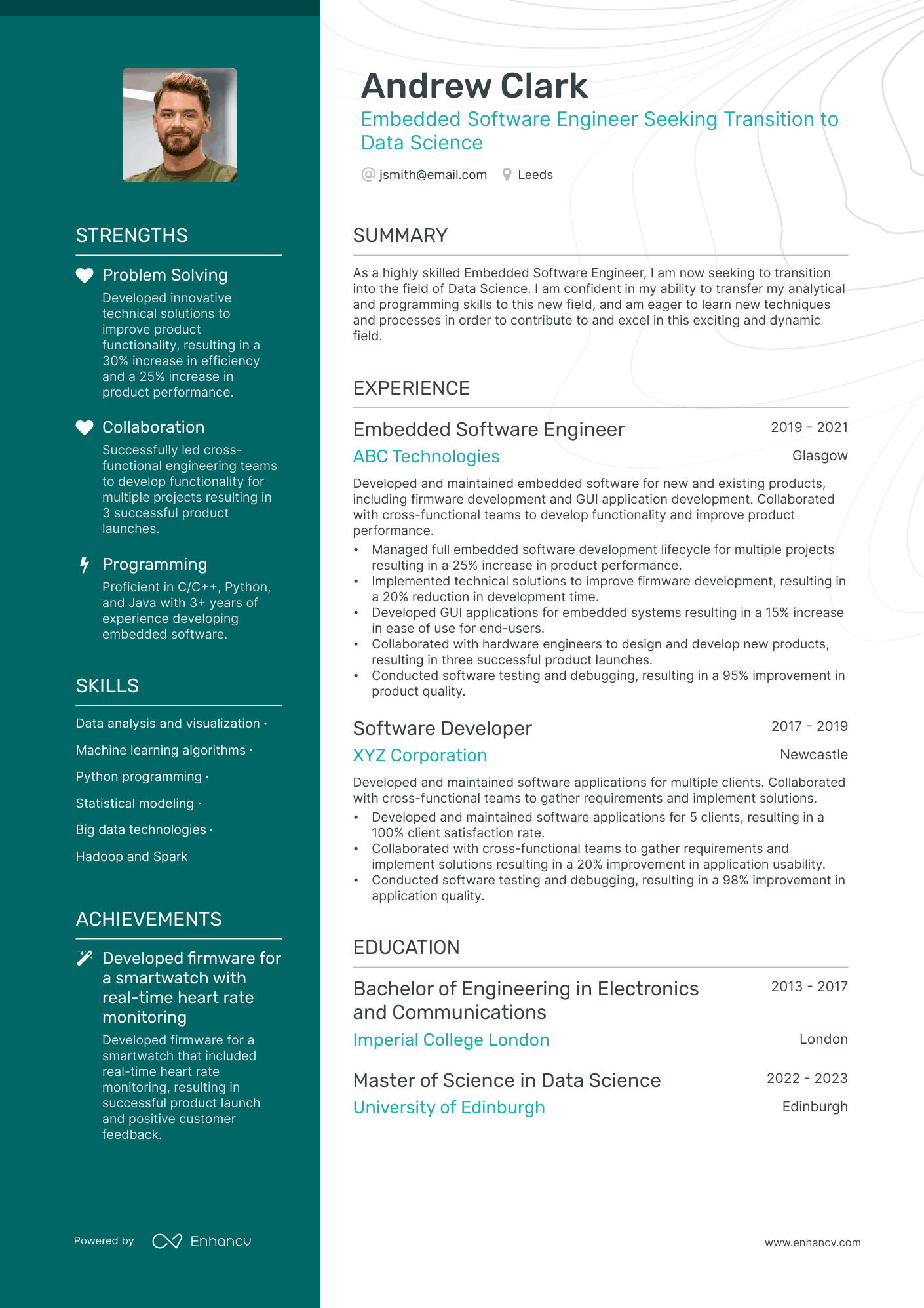 Embedded Software Engineer Seeking Transition to Data Science CV example