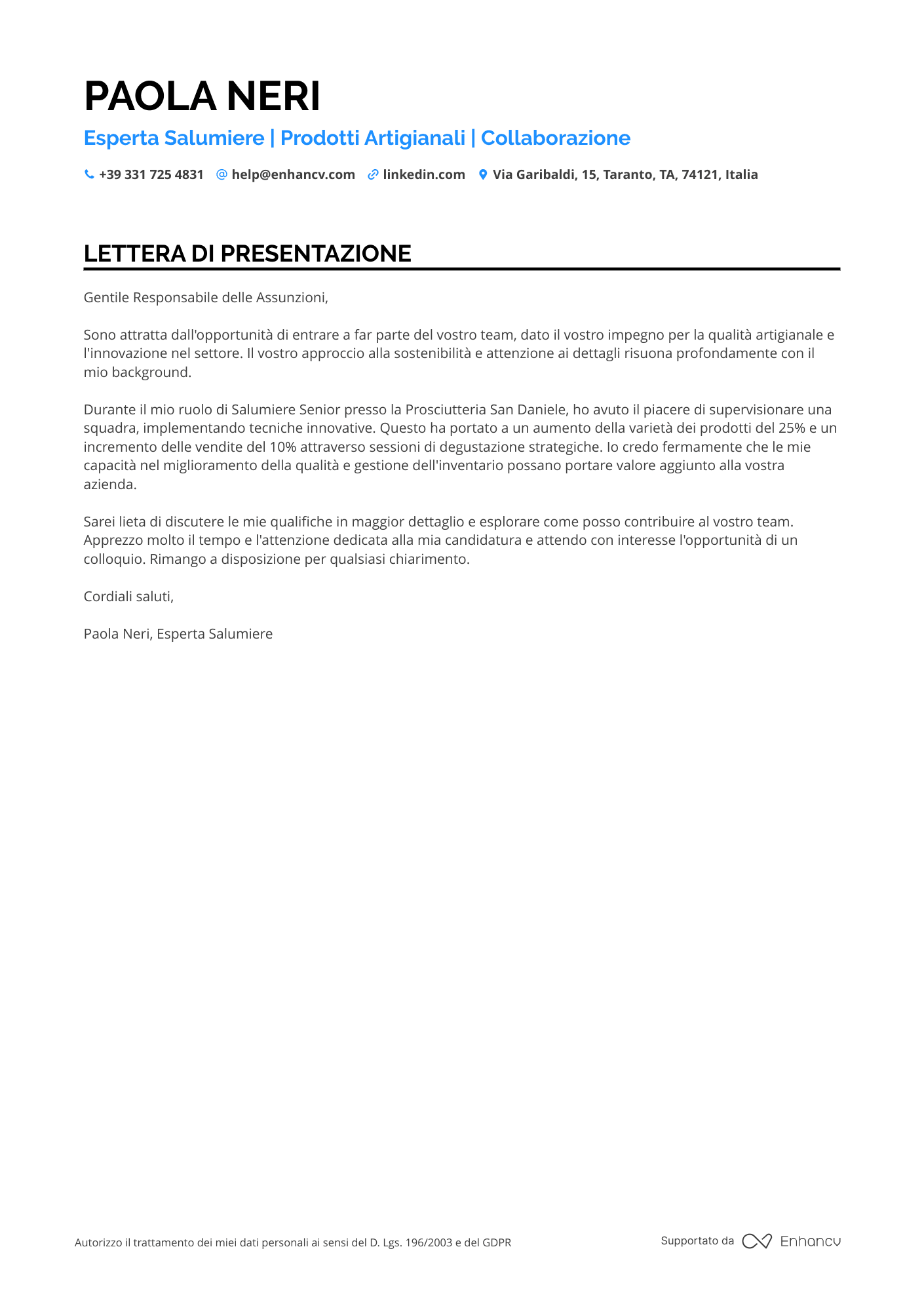 Salumiere Lettera di presentazione