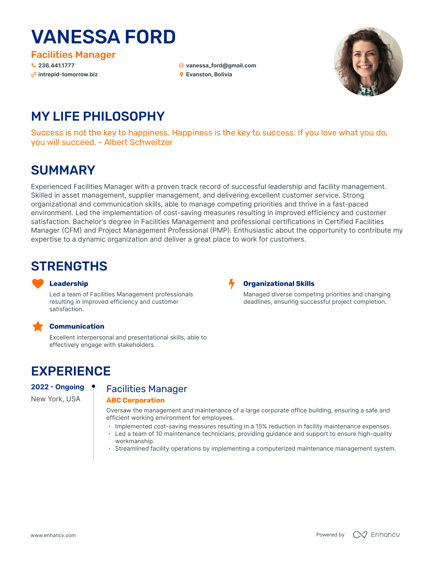 Creative Facilities Manager Resume Example