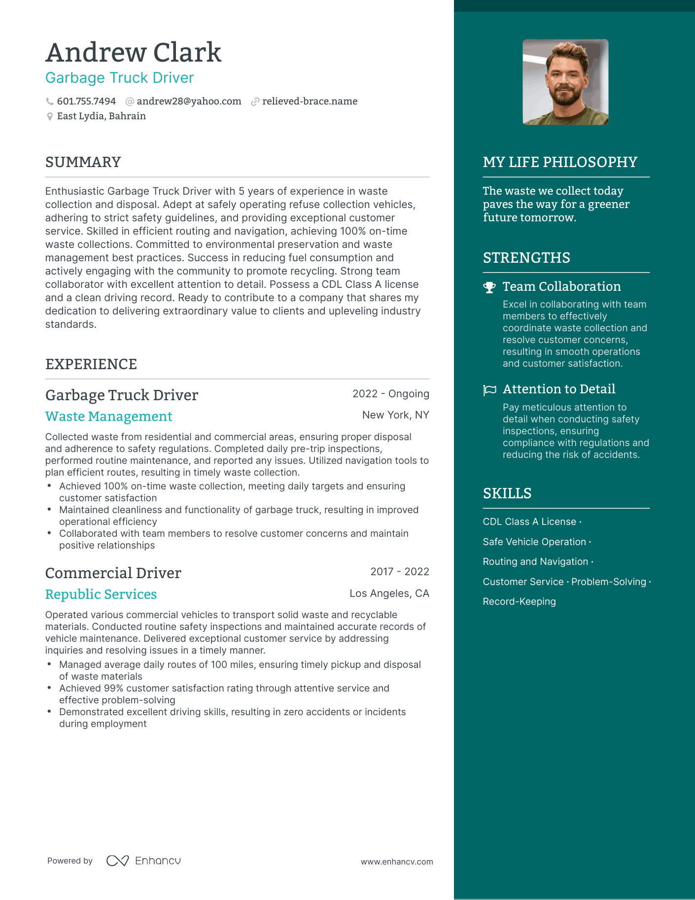 Garbage Truck Driver resume example