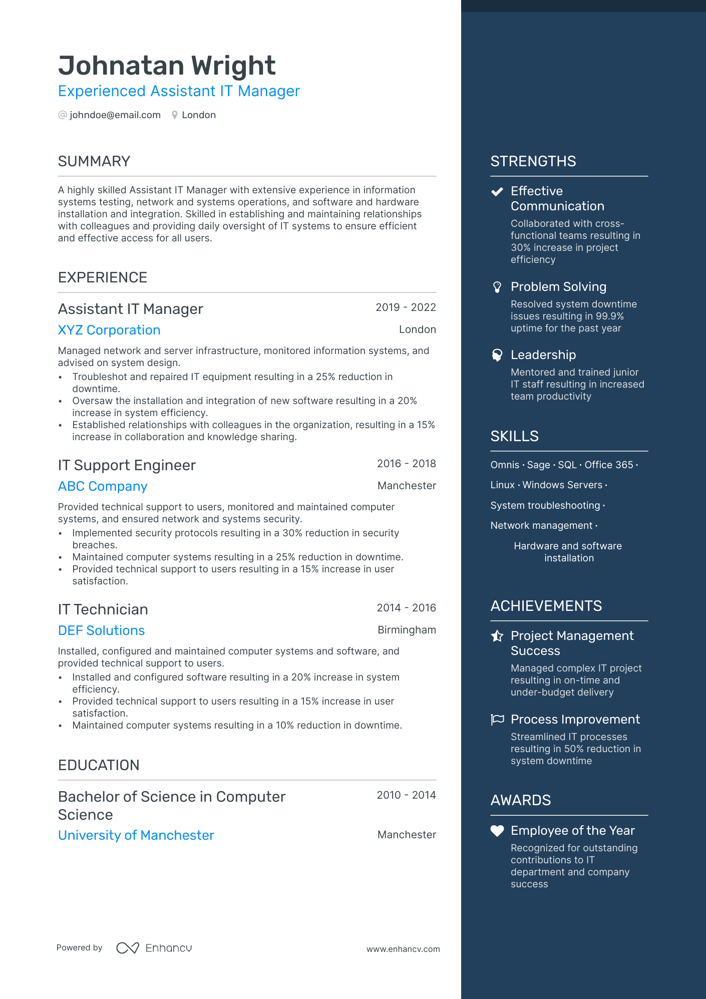 Assistant IT Manager resume example