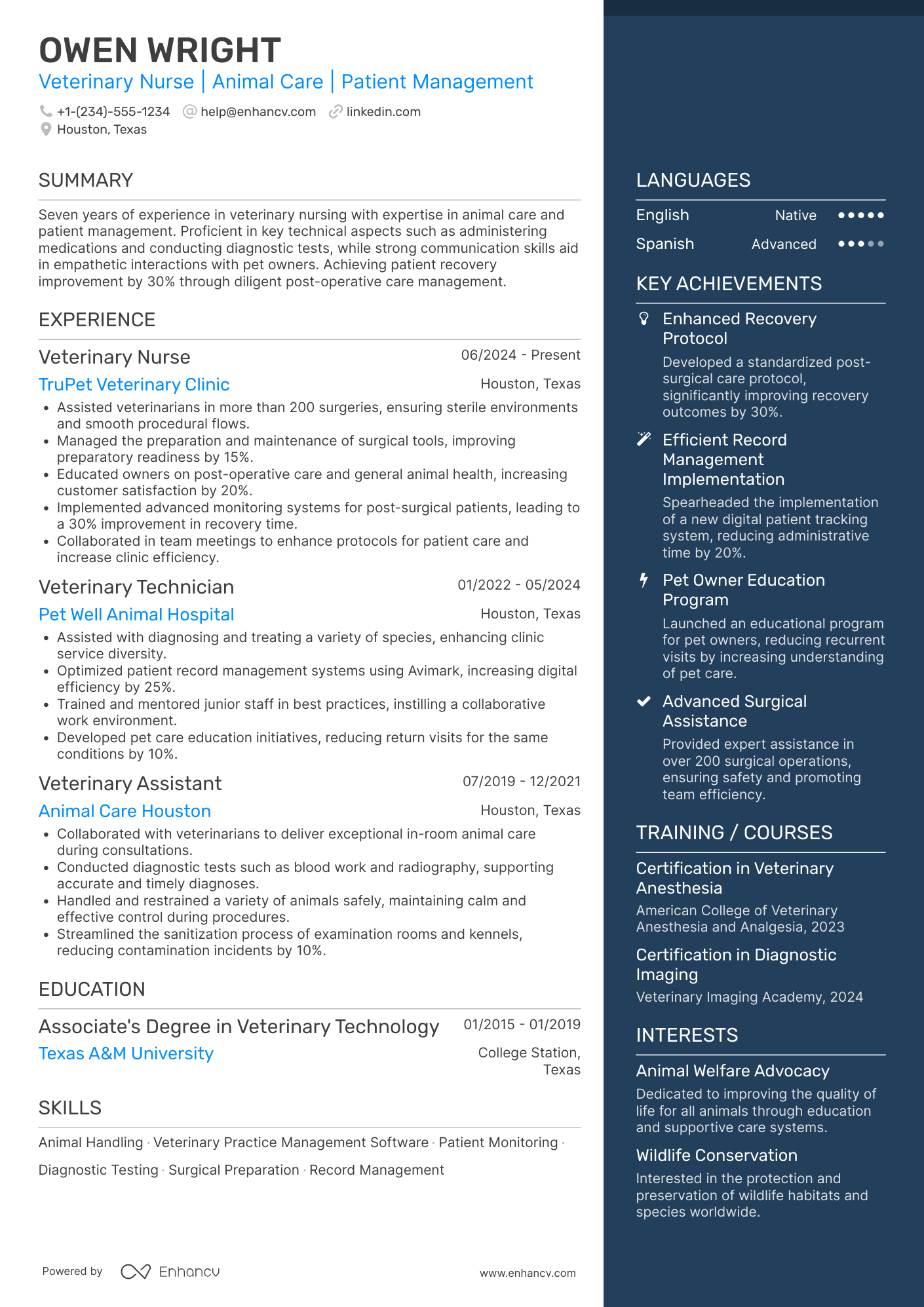 Veterinary Nurse resume example