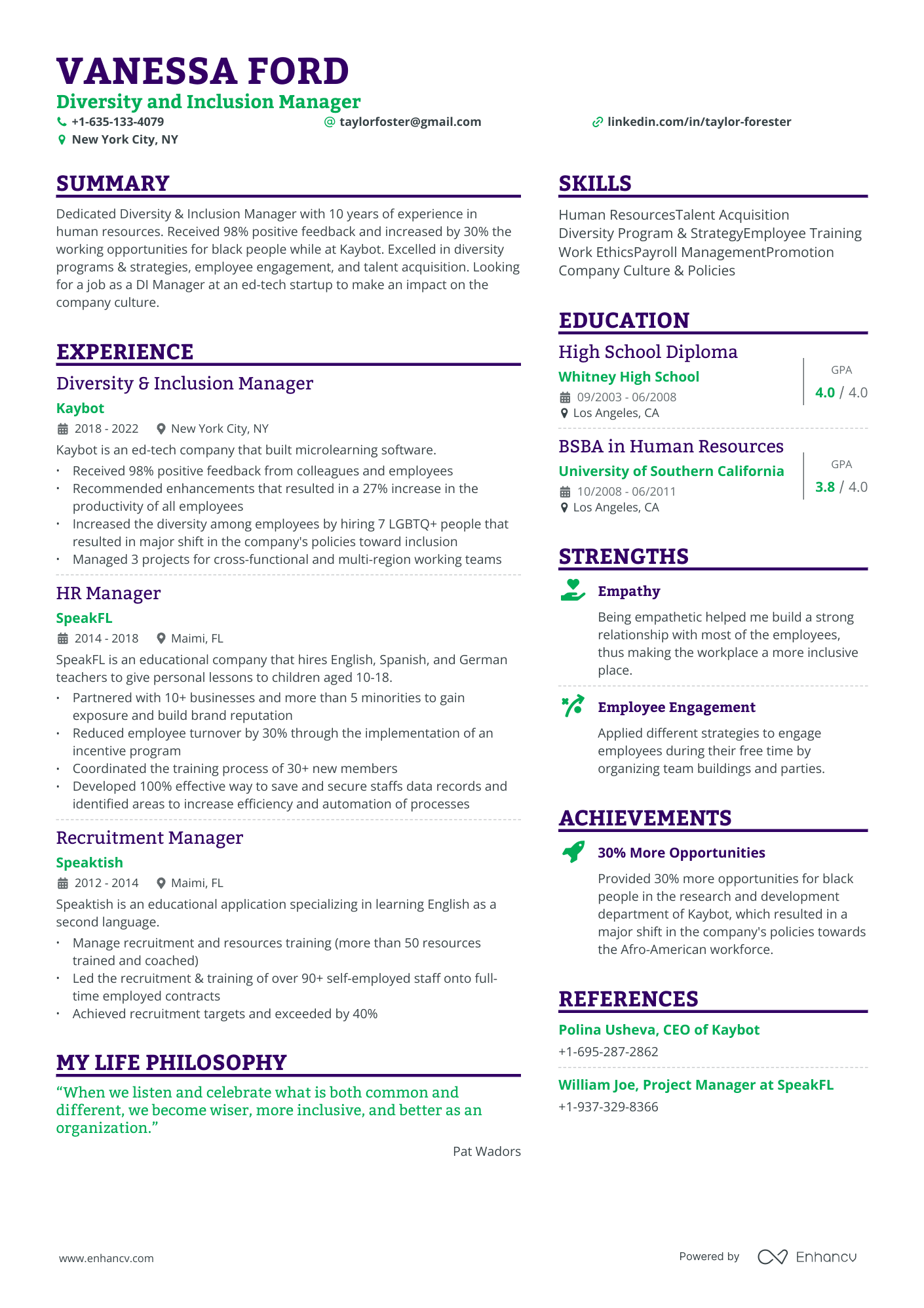 Diversity And Inclusion Manager resume example